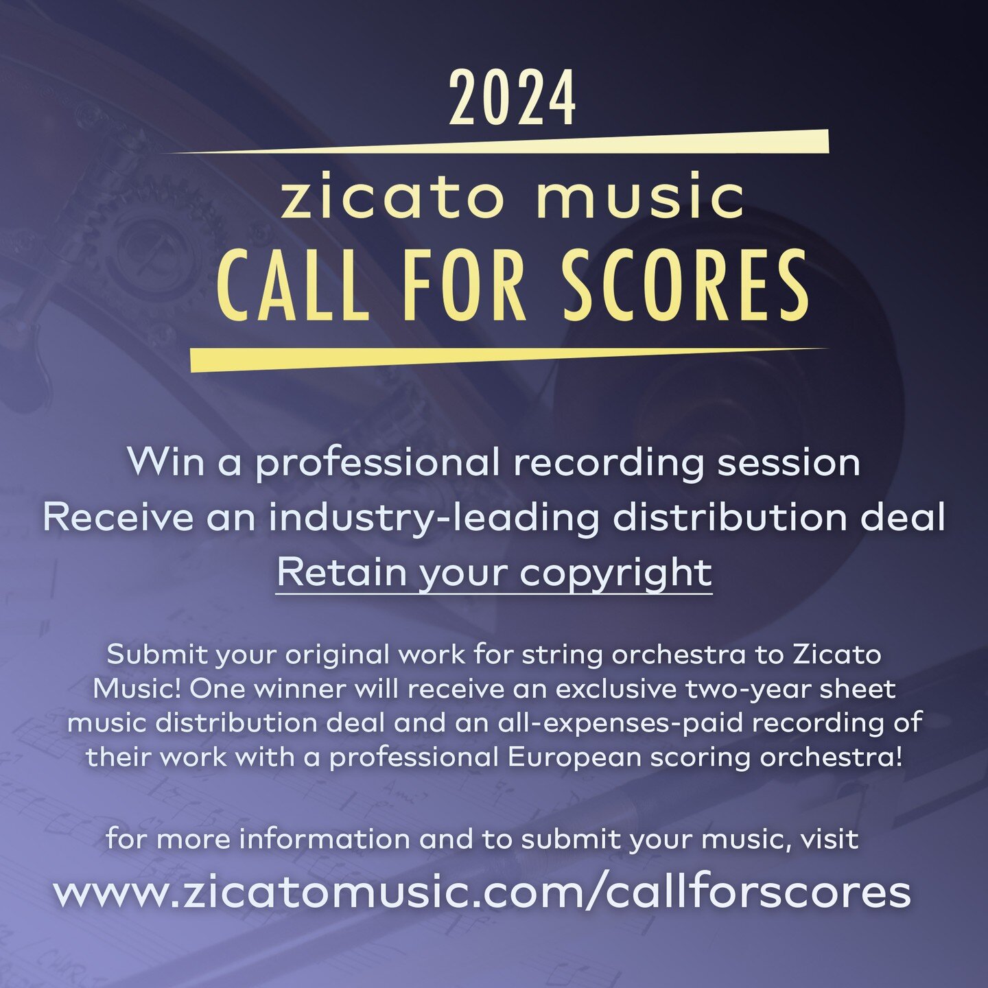 We're holding a composition competition!
Enter your work for string orchestra for a chance to win an all-expenses paid recording session with a professional European scoring orchestra and a two-year distribution deal with Zicato Music to have your sh