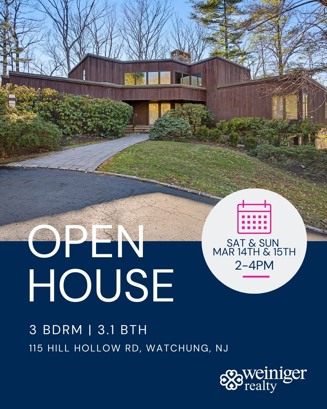 OPEN HOUSE WEEKEND! 

Two very different homes. Two beautiful towns. One weekend to explore both.

✨ 115 Hill Hollow Rd, Watchung: 🕑 Sat &amp; Sun | Mar 14 &amp; 15 | 2&ndash;4 PM

A striking mid-century modern beauty set on a private wooded propert