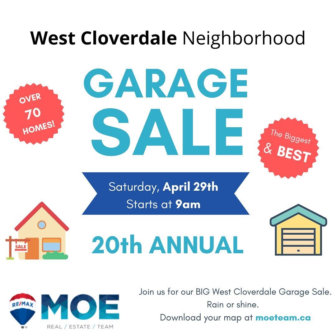 Over 70 homes are registered for our BIG West Cloverdale Neighbourhood Garage Sale! And the weather forecast looks GREAT 😎 Check out the link in our bio to download your sale map.