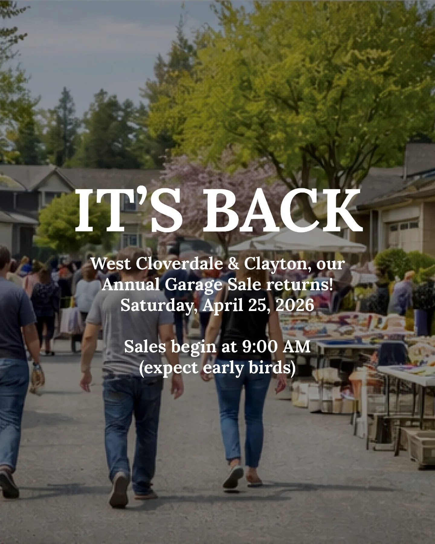 Registered Yet? 👀

Our Annual Neighbourhood Garage Sale is happening Saturday, April 25, 2026, and last year over 100 homes participated.

If you&rsquo;ve been meaning to declutter, this is the easiest way to do it:
&bull; You host the sale in your 