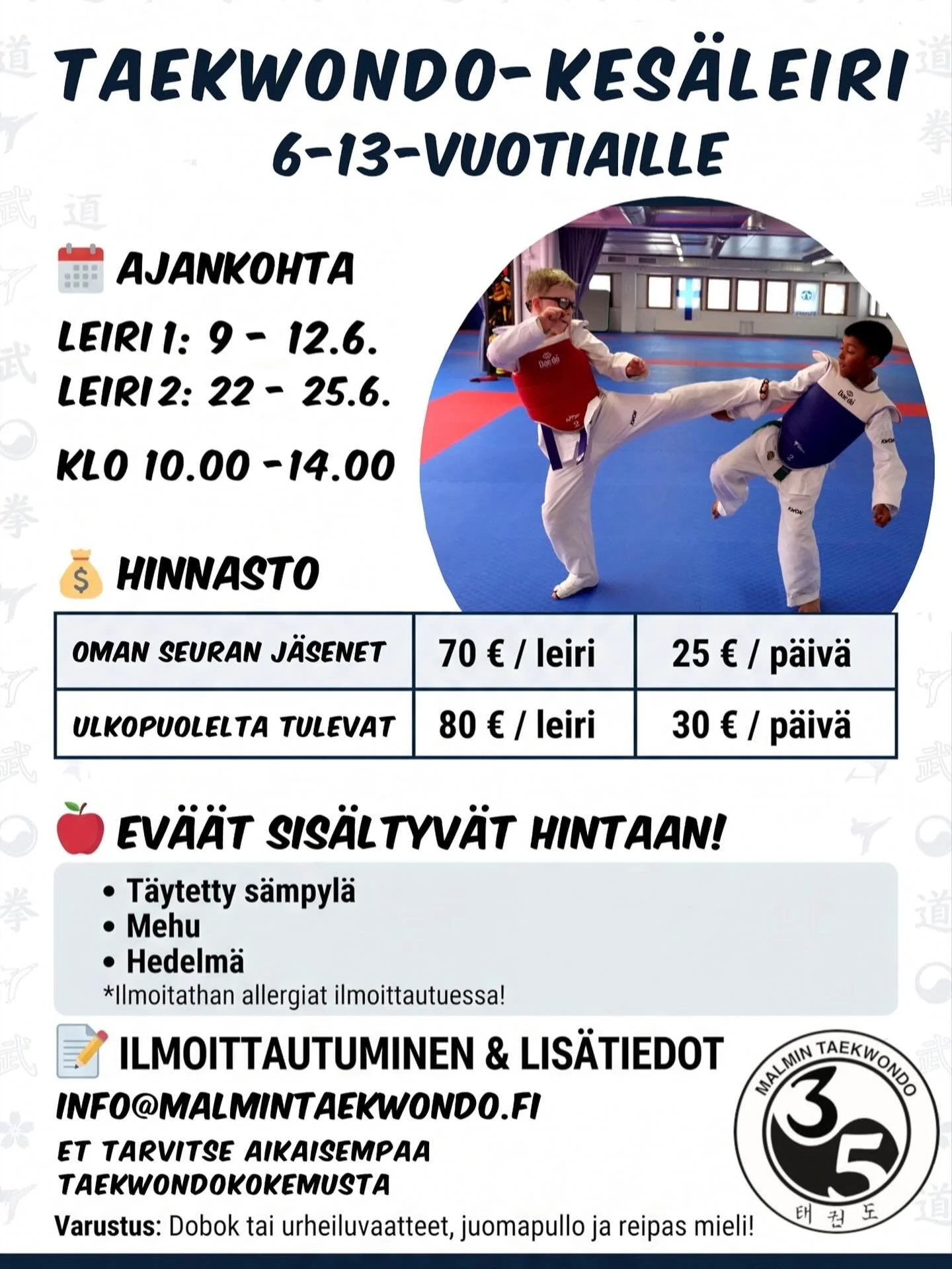 🔥SUOSITUT KES&Auml;LEIRIT TULEVAT TAAS!🔥

Kenelle?
🍓6-13-vuotiaille
🍓Ei tarvitse aikaisempaa lajikokemusta!
🍓Leireill&auml; treenataan lajitaitojen lis&auml;ksi monipuolisesti liikunnallisia leikkej&auml; hauskaa temppuilua unohtamatta.

Milloin