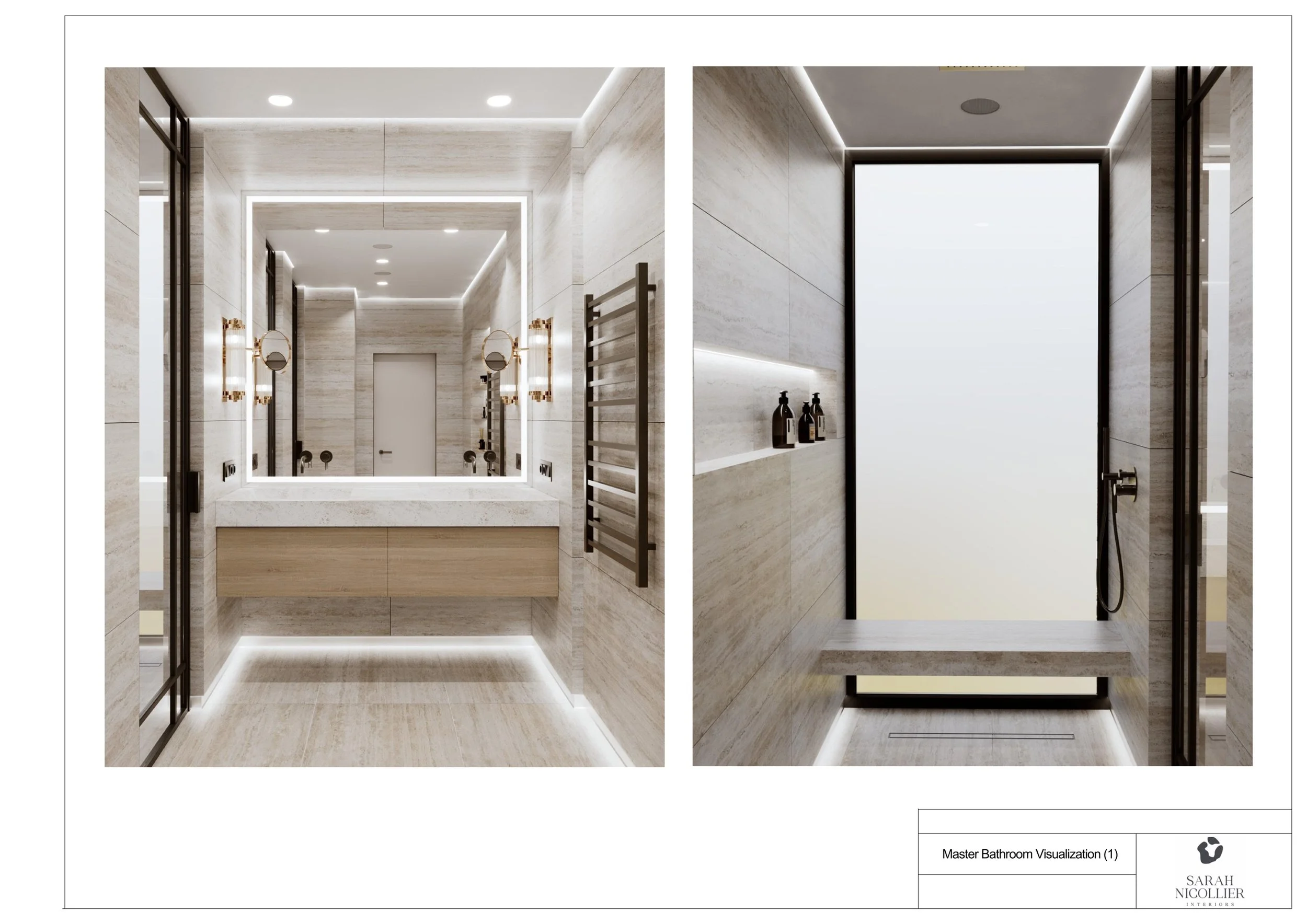 3D visualisation of a master bathroom with stone-look tiles, a floating oak vanity, an illuminated mirror and a walk-in shower — Sarah Nicollier Interiors