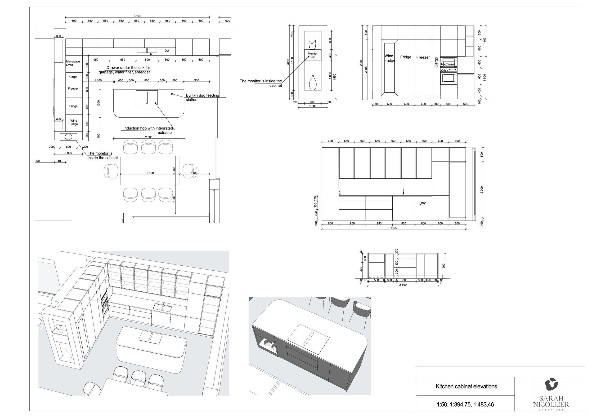 Kitchen cabinet elevation drawings with dimensions, appliance positions and 3D views of the island and tall units — Sarah Nicollier Interiors