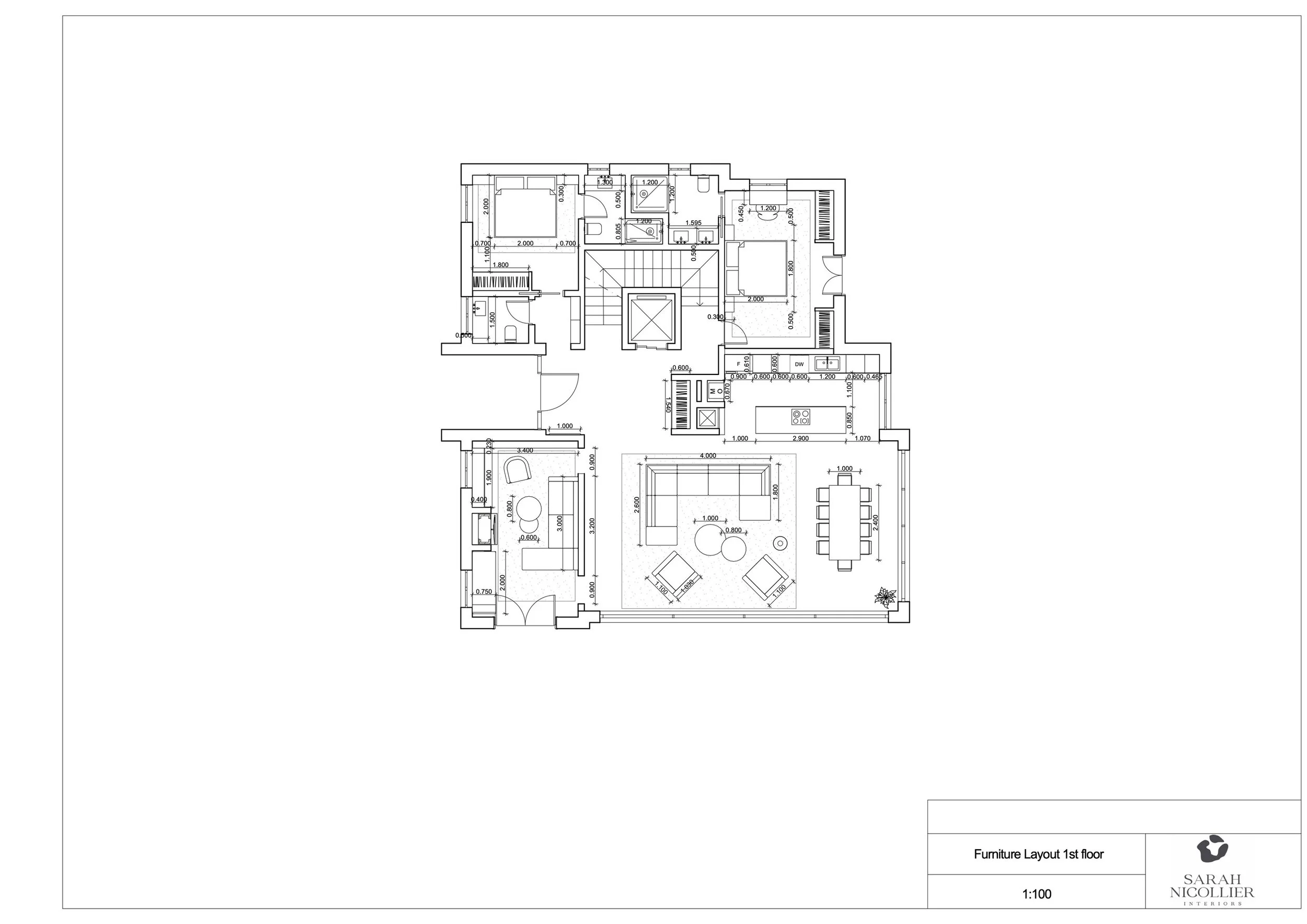 Furniture layout floor plan of a first floor with living, dining, kitchen and bedroom areas and dimensions — Sarah Nicollier Interiors