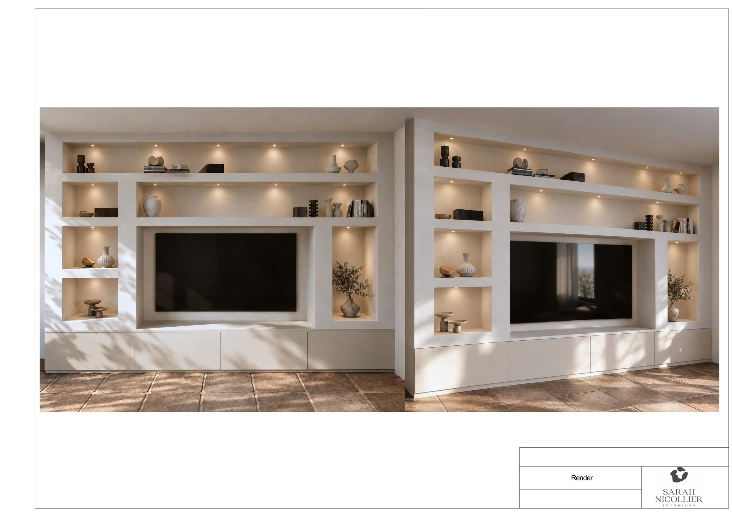 3D visualisation of a bespoke plaster media wall with recessed illuminated shelves, a built-in TV and a low cabinet — Sarah Nicollier Interiors