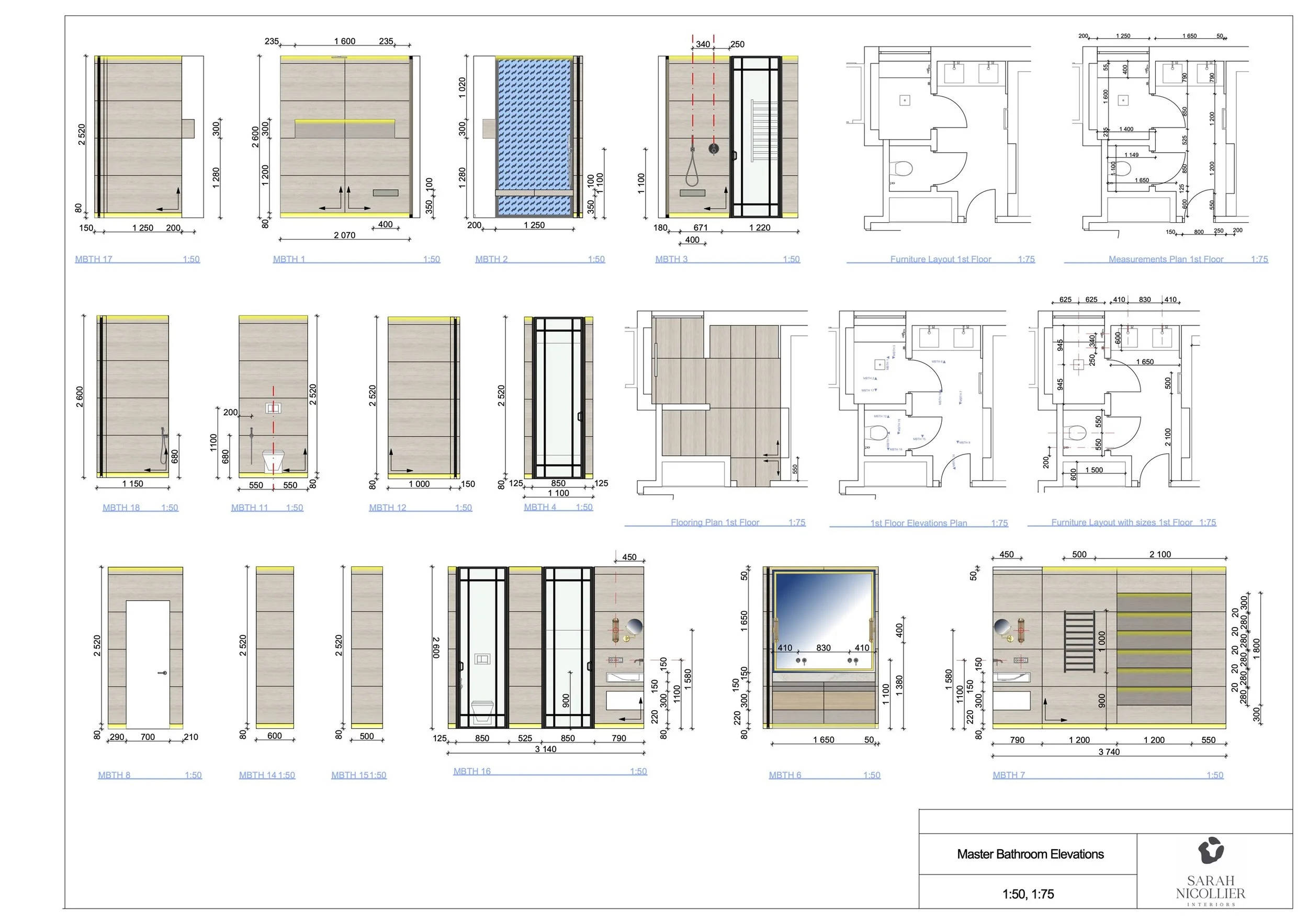 Master bathroom elevation drawings and floor plans showing wall elevations, tiling and fittings with dimensions — Sarah Nicollier Interiors