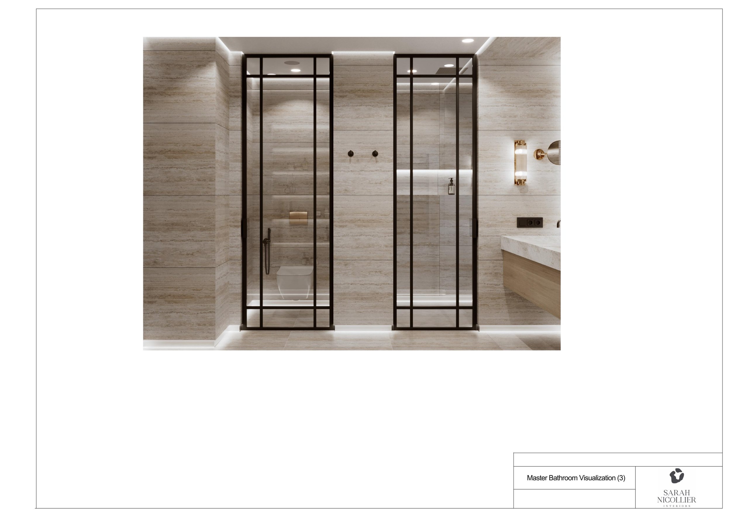 3D visualisation of two black-framed glass shower and WC compartments beside a floating vanity in a master bathroom — Sarah Nicollier Interiors