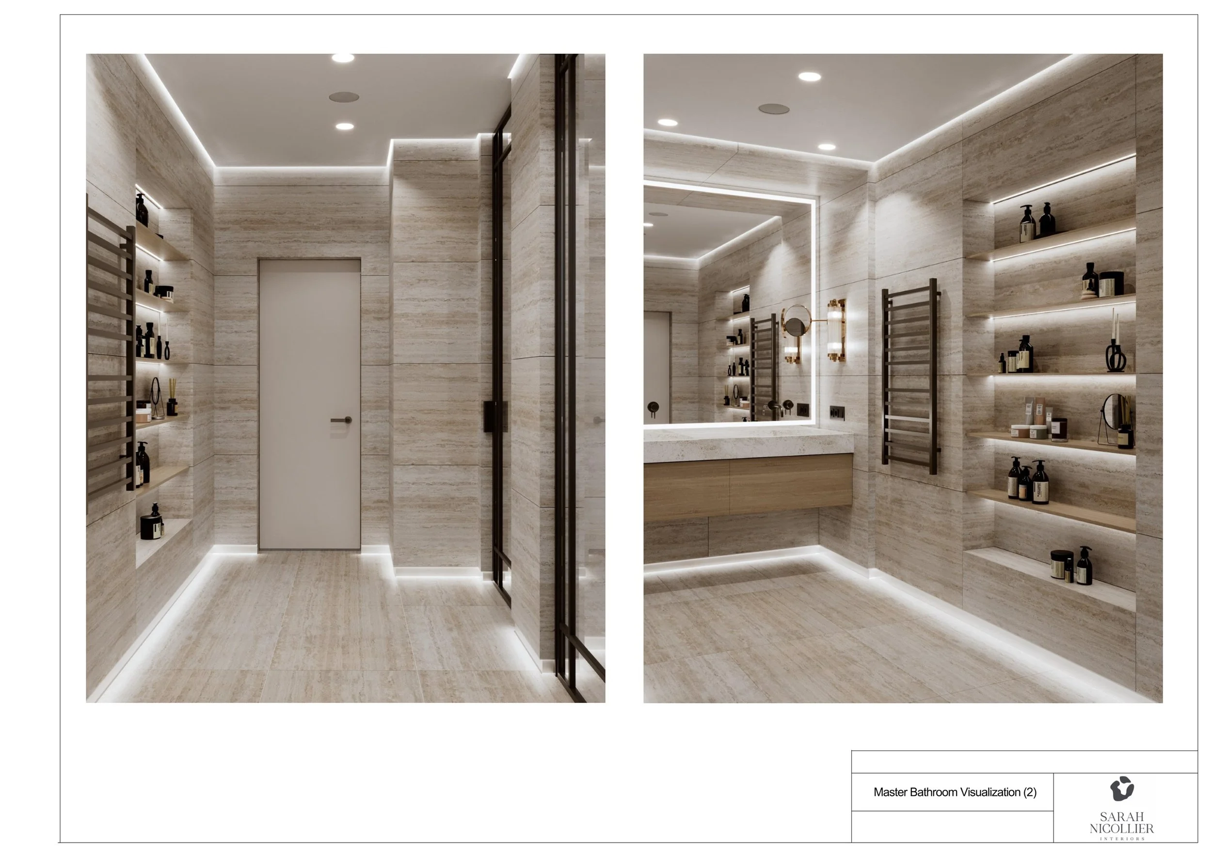 3D visualisation of a master bathroom with illuminated wall niches, a towel radiator, a flush door and LED-lit skirting — Sarah Nicollier Interiors