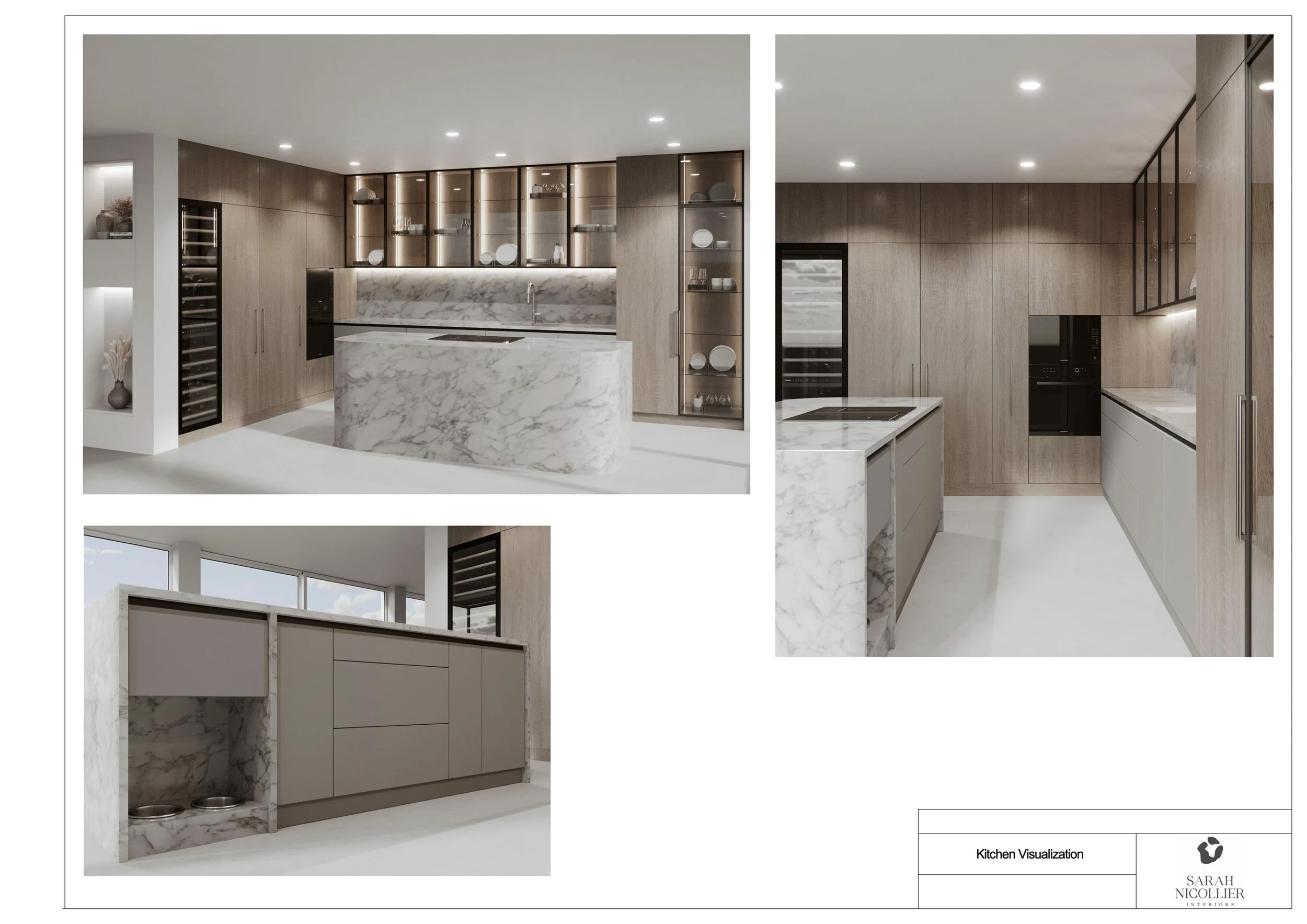 3D visualisation of a kitchen with oak-effect tall units, a marble island and illuminated glass-fronted cabinets — Sarah Nicollier Interiors