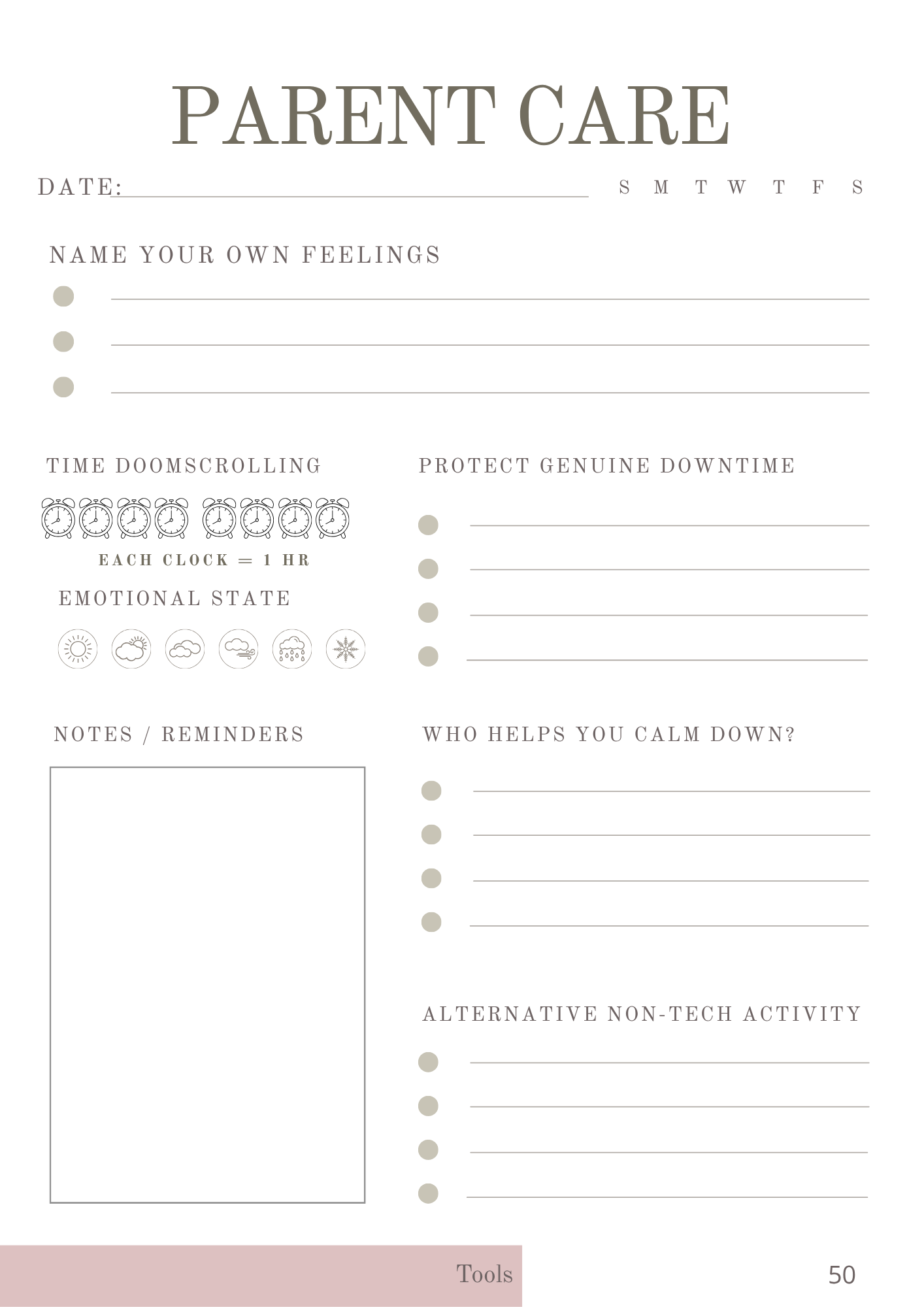 A parent care worksheet with sections for date, feelings, time management, emotional state, notes, support persons, activities, and tools, all in a minimalistic design with icons and lines for writing.