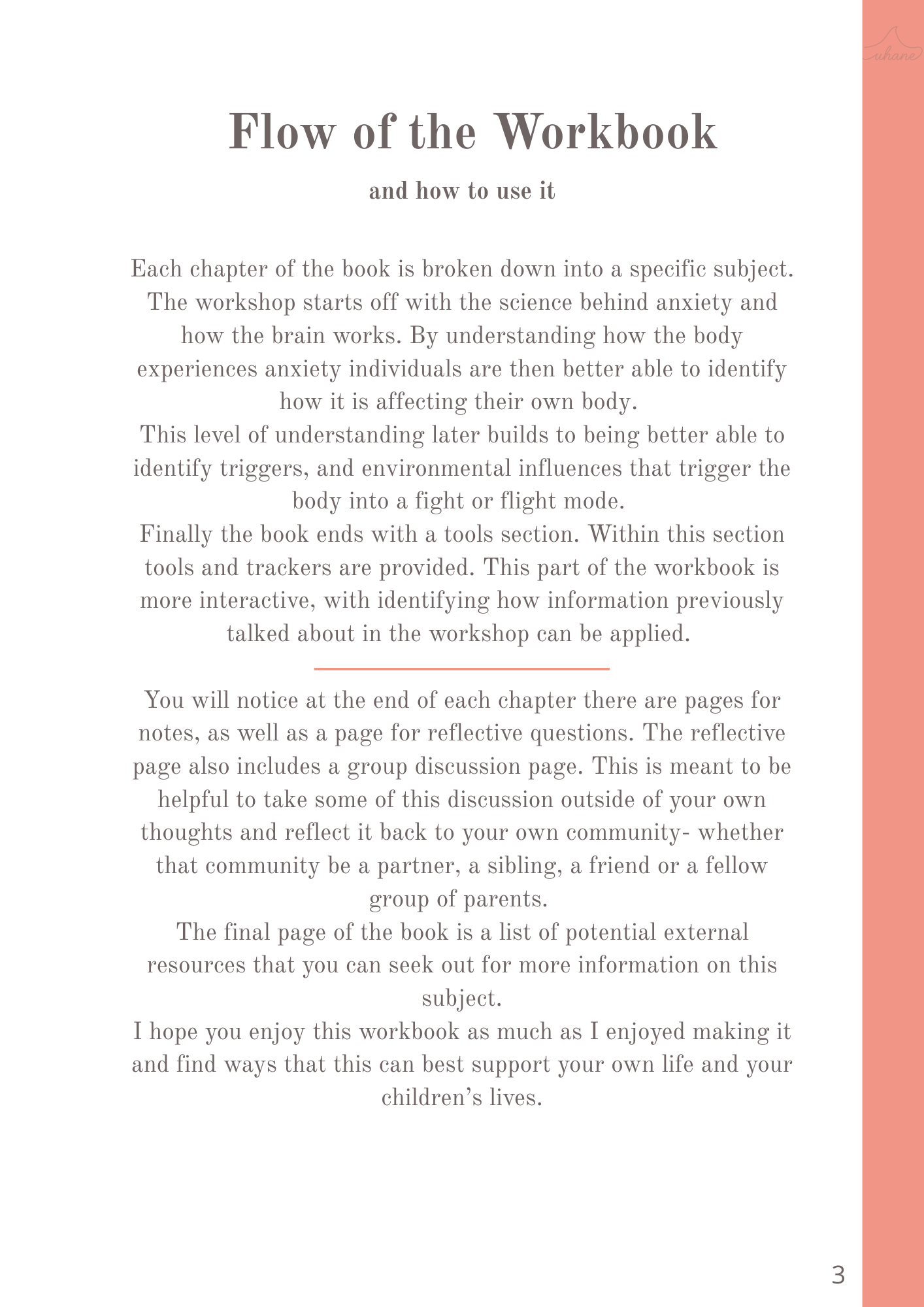 Page of a workbook titled 'Flow of the Workbook and how to use it', explaining its structure and content, with a pink side border.