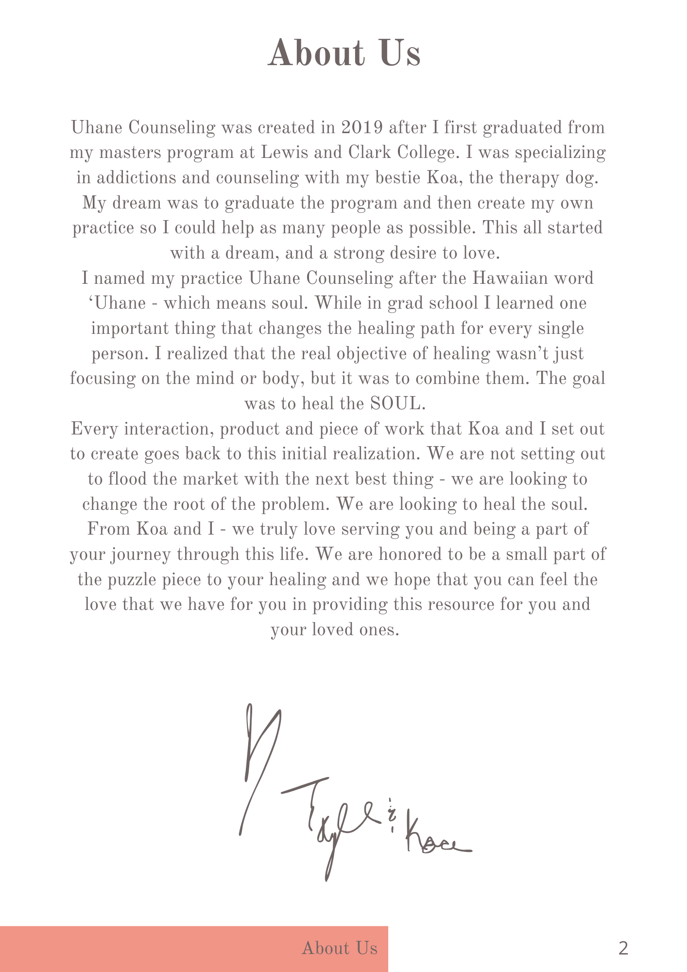 About us page describing Uhane Counseling's history, mission, and values with a signature at the bottom and a pink About Us tab at the lower left corner.
