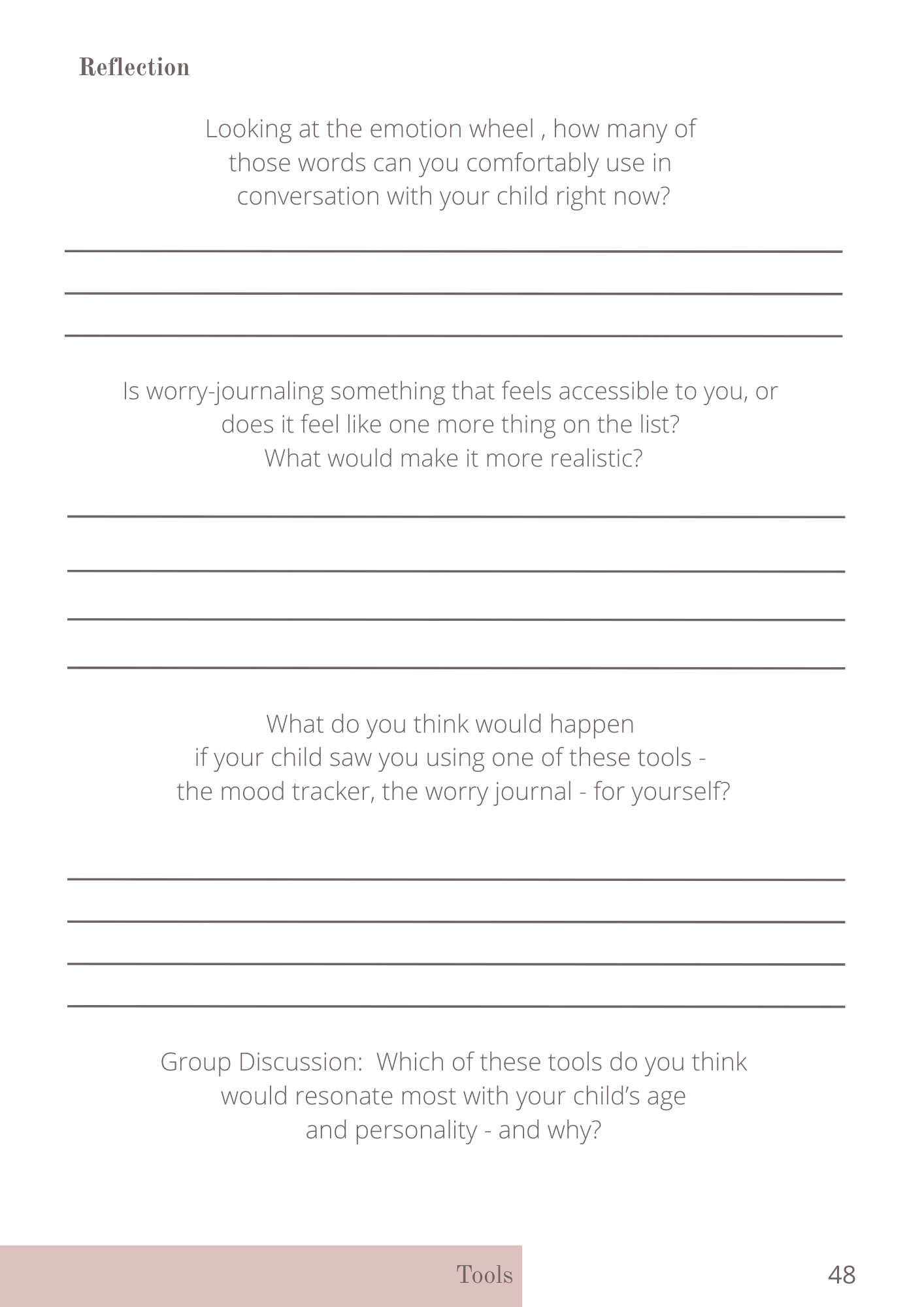 A worksheet titled 'Reflection' with questions about emotional tools and parenting, including sections for writing responses and a group discussion prompt.