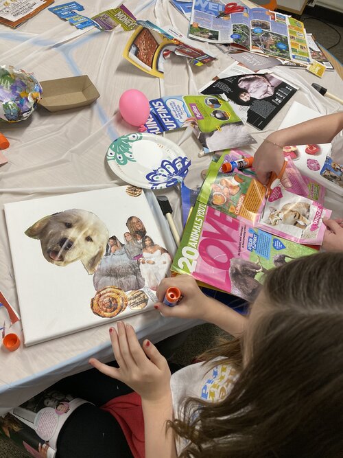 cutting out images from magazines and gluing them onto a canvas