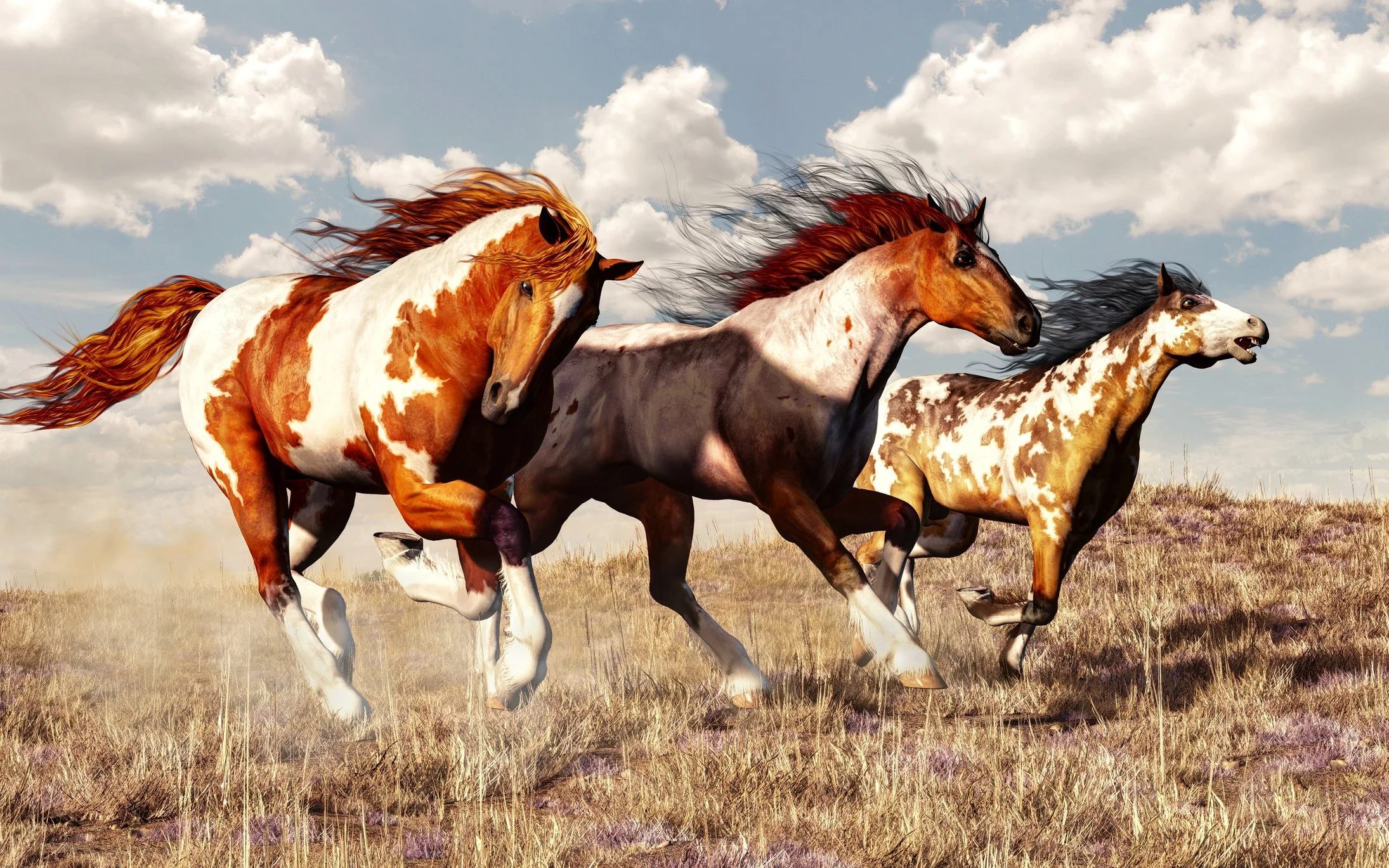 Three horses running across open grassland, symbolizing the momentum and energy of the 2026 Year of the Fire Horse.