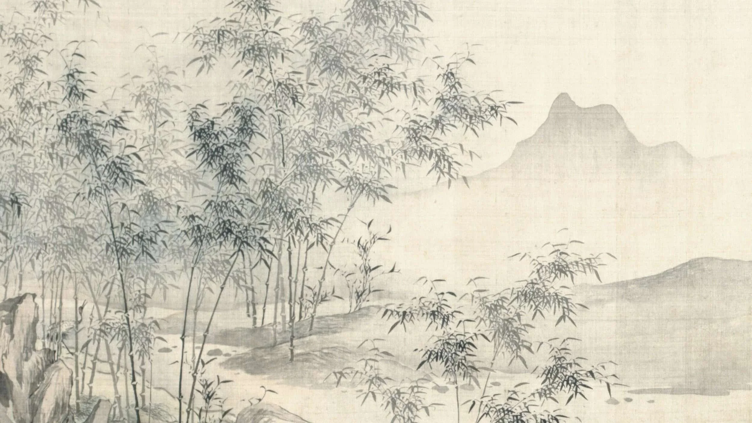 Traditional Chinese landscape painting of bamboo, tranquil river, and distant mountains.