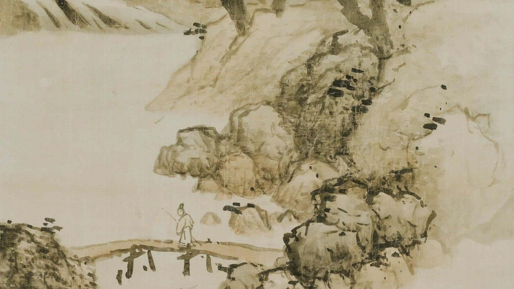 Classical Chinese painting of a solitary figure crossing a bridge in a quiet mountain landscape.