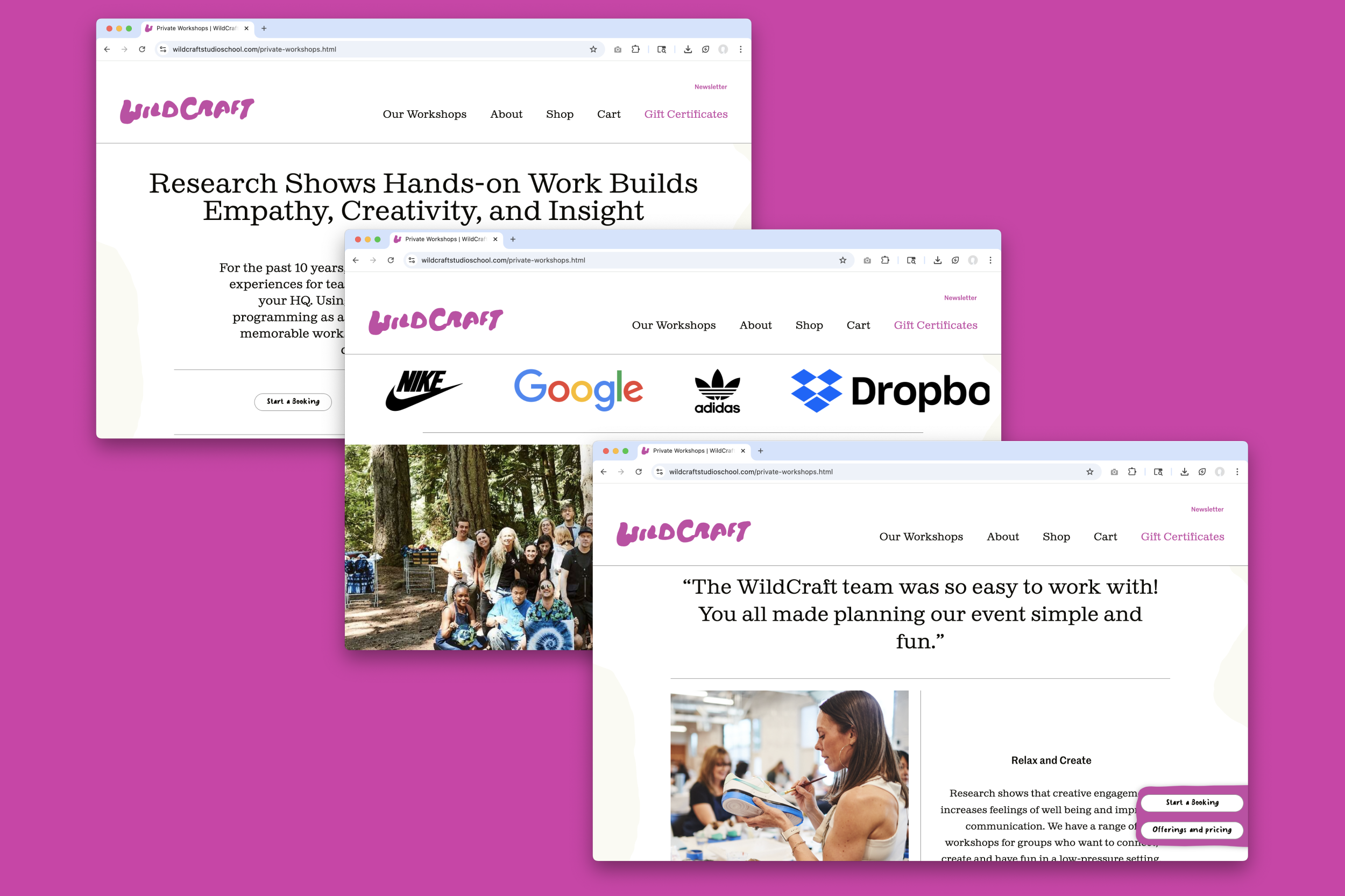 Design Strategy and UX for WildCraft Studio School’s Corporate Programming To increase WildCraft Studio School’s bookings with corporate clients for their creative team-building offerings I initiated a rethinking of audience needs, redesigned a le
