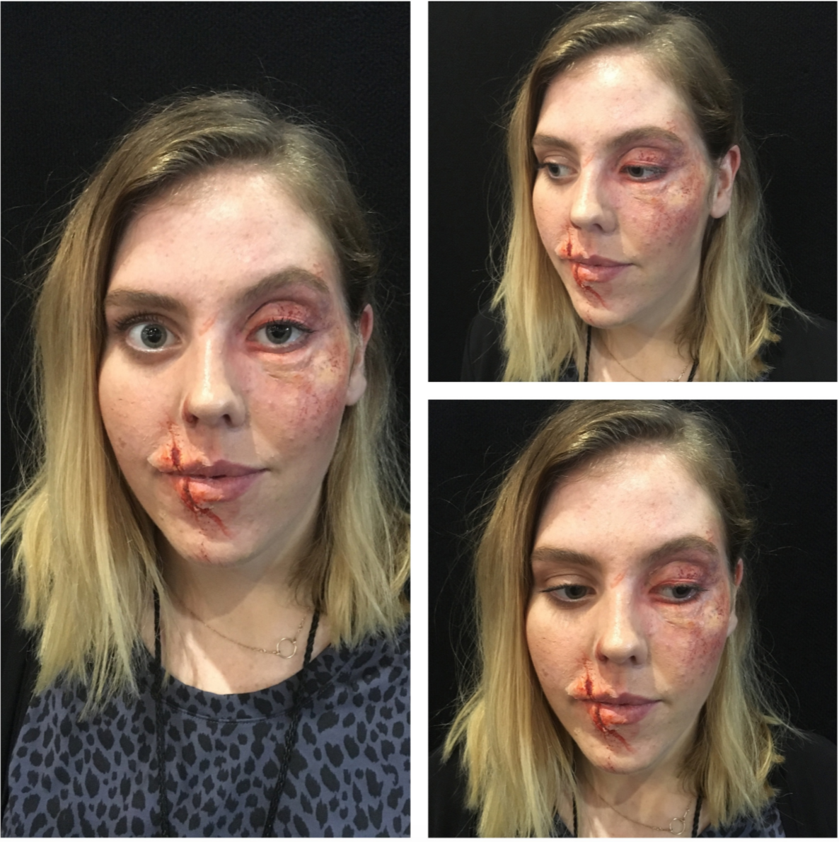 Second half of Day One at Sydney IMATS 2015....I got to beat up Jess with some pieces from the Got Flesh!?! Fighter Kit. Coloring was a mix of Scotty's Tattoo Palette and Ben Nye Creams makeups.