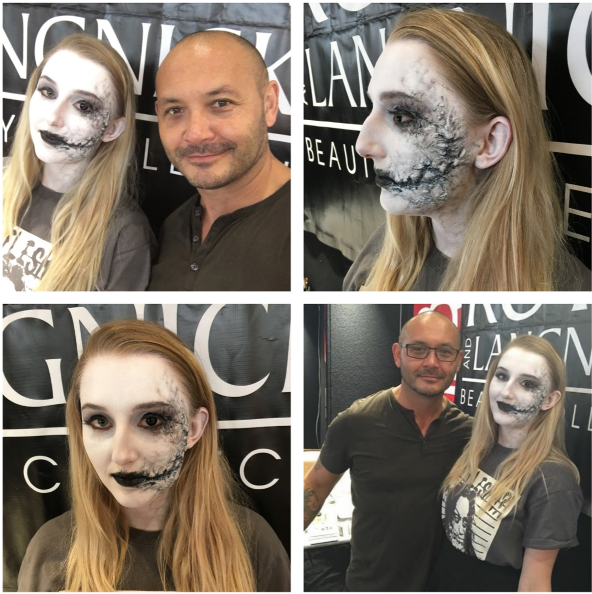 My ZomBeauty makeup done on Bonnie for Sydney IMATS 2015.....Day One. I did this makeup using some of my Got Flesh Prosthetic Transfers for the scarring and gore. The base color was the new Ben Nye White ProColor Airbrushable makeup. The rot mottling was a mix of airbrushing and hand brush. The lip color used was Ben Nye Black Cream Makeup. Lashes were used in the eye makeup. For a little detail and cherry on top, Bonnie brought in her oversized black contact lenses, just for her left eye.