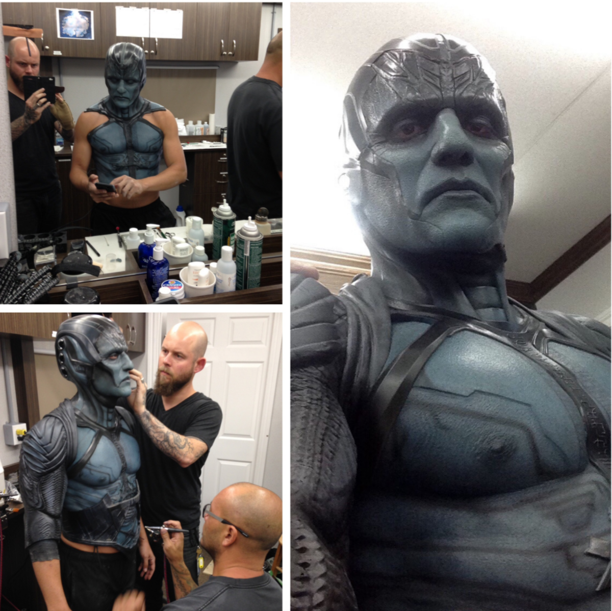 Behind the scenes in MTL representing Legacy Effects. Alexei Dmitriew @hookuptattoos and I applied Oscar's makeup for Apocalypse. This is for the end sequence where his armor gets blasted away. The Apocalypse makeup consisted of a urethane head piece, silicone neck/cowl, silicone forehead, face and lower jaw. It usually took us around 1 1/2 hours to do the face makeup when he wore his armor. With the added silicone chest and back painting and tattoos (provided by Hook Up Tattoos) we added an extra 30 minutes to the application time.