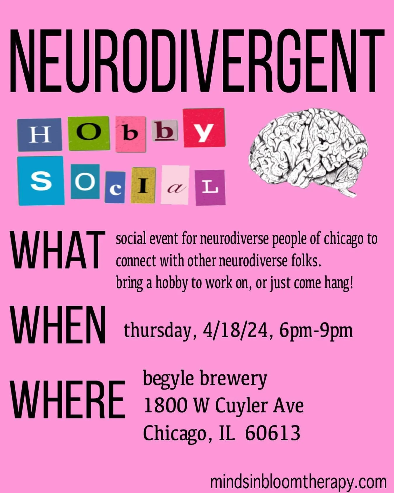 ND Social- Spring 🌸 edition ✨ 
Bring a hobby to work on, or just come hang 💚
Want to stay in the loop for future events? 
Join our group on meetup.com at:
https://www.meetup.com/chicago-neurodivergence-meetup-group/
RSVP:
https://www.meetup.com/chi