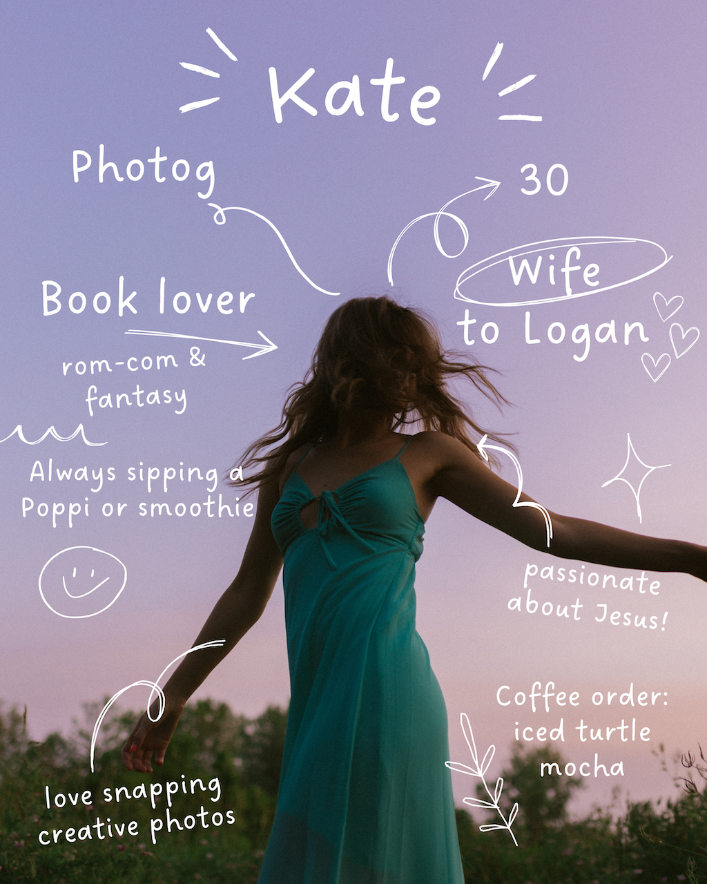 Photo of me outdoors with text about my personality