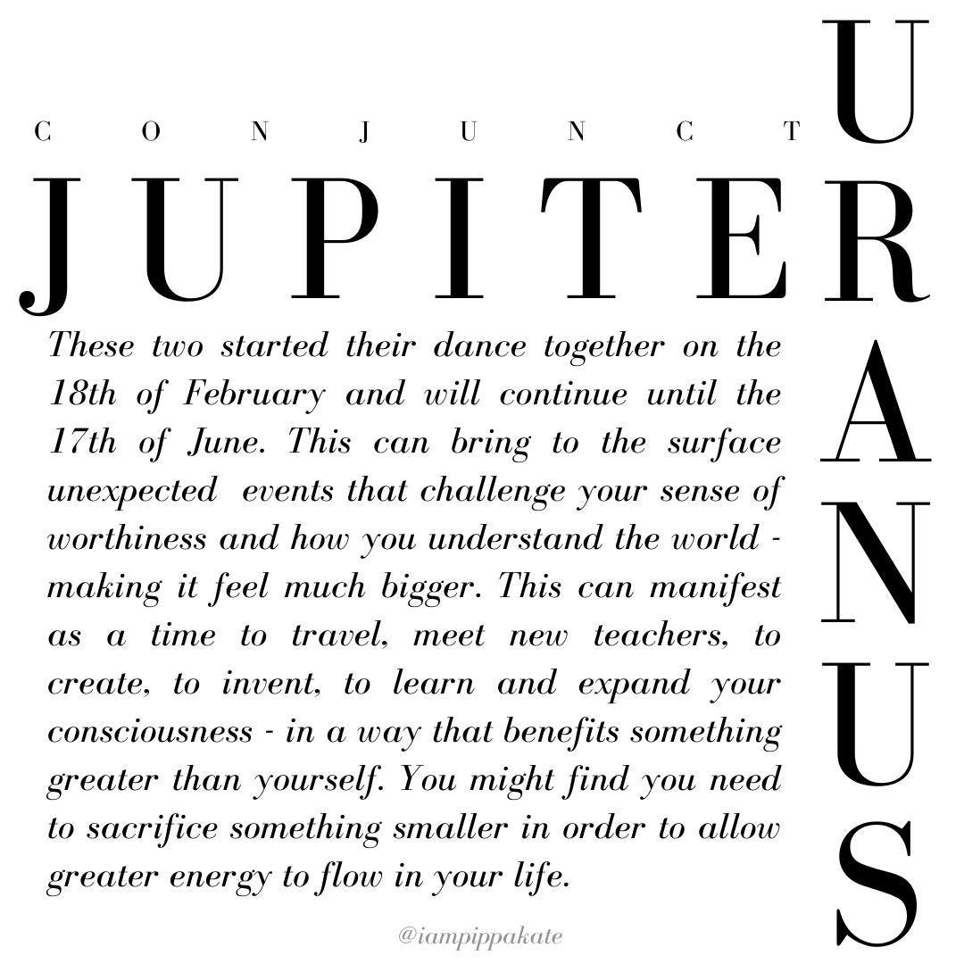 JUPITER CONJUNCT URANUS⁠
⁠
When: 21st of April ⁠
⁠
Peaking today is the meeting of Jupiter and Uranus in Taurus. These two started their dance together on the 18th of February and will continue until the 17th of June. This can bring to the surface un