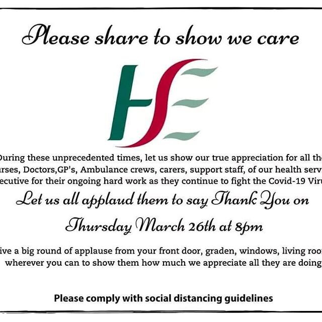 Words cannot express how amazing our health service staff are!! Please share and participate tonight. 💪❤️🙏
#covid_19 #wereallinthistogether  #hse #socialdistancing #thankyou