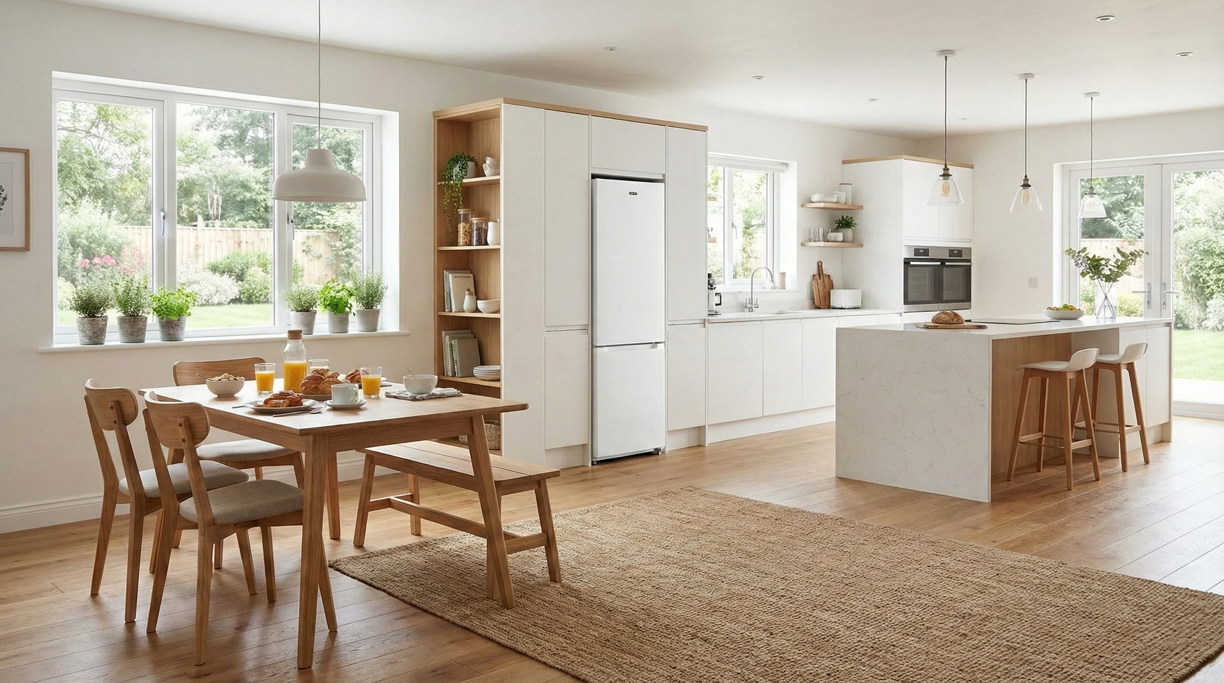 Modern kitchen and dining area with wooden furniture, white cabinets, and large windows with a garden view.