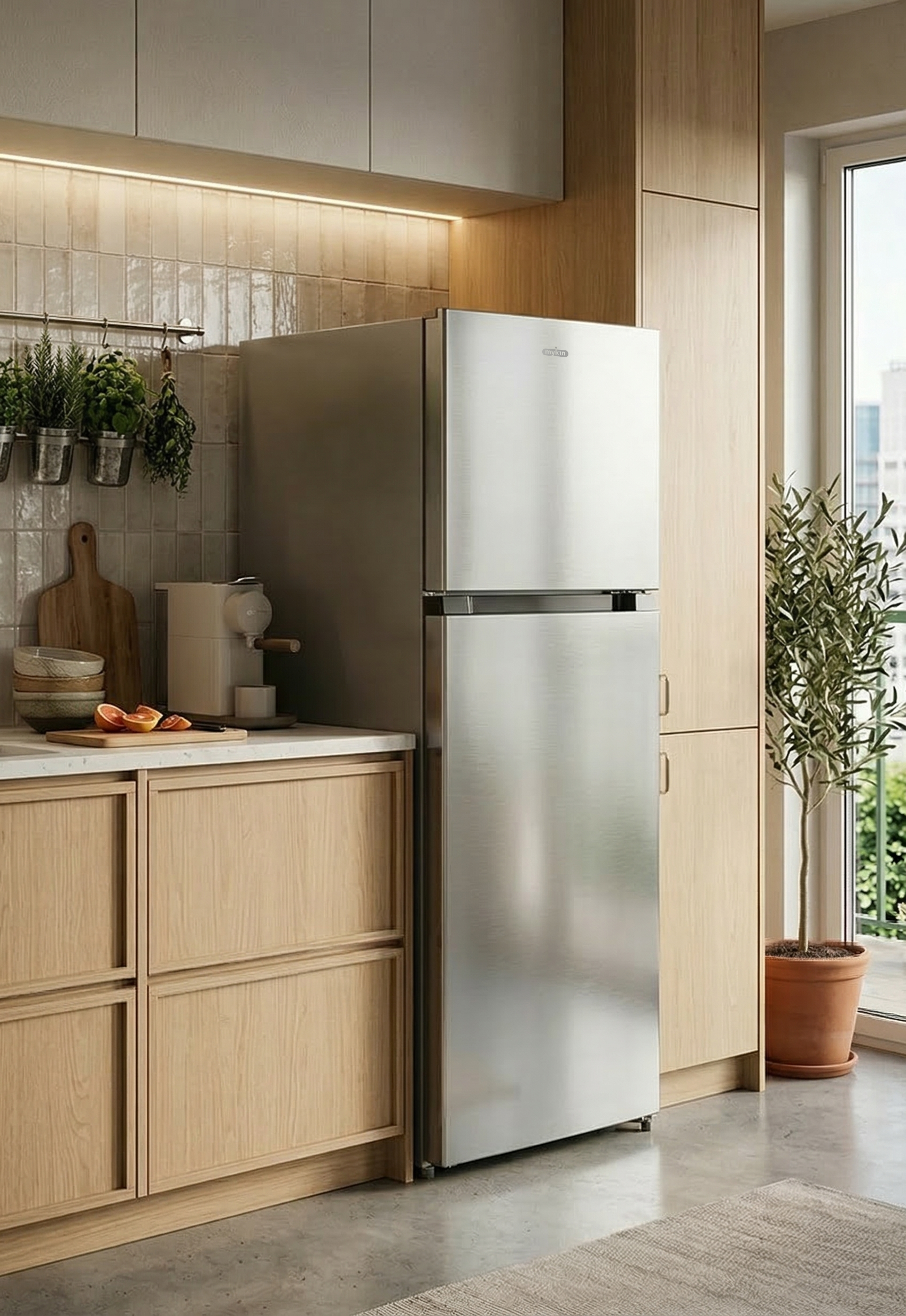 Stainless steel refrigerator in a modern kitchen with light wood cabinetry, potted plant, and a sliding glass door leading outside.