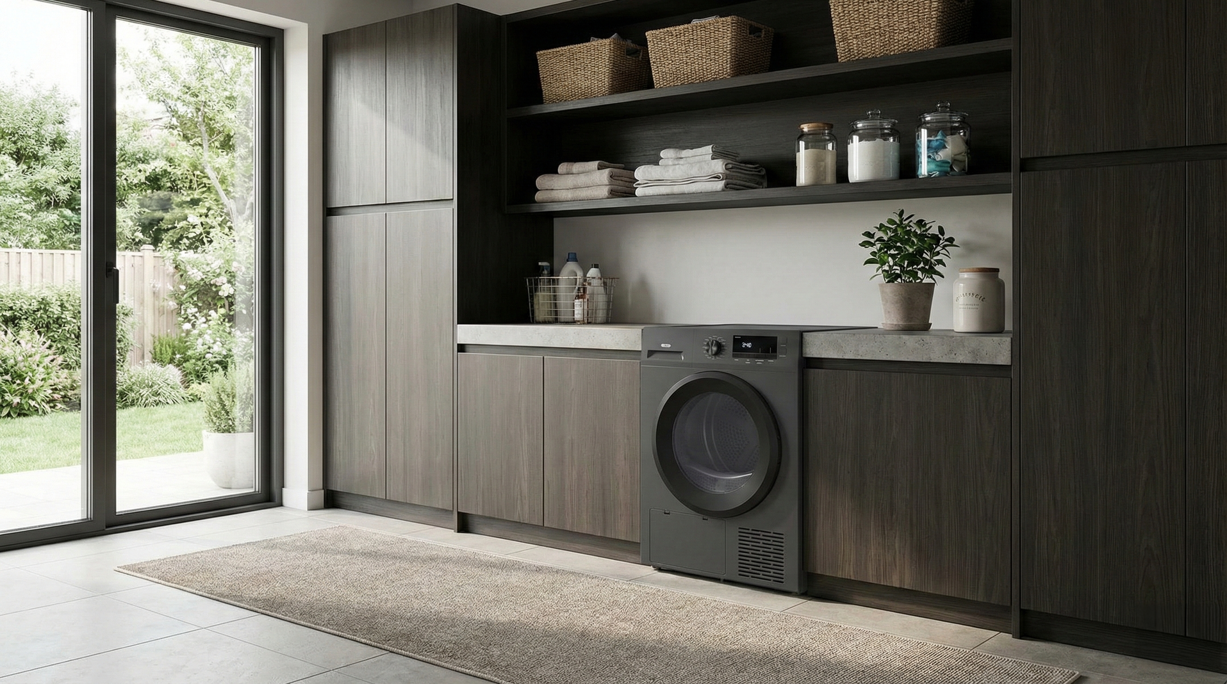 A modern laundry room with dark wooden cabinets, open shelves filled with baskets and towels, a washing machine, a potted plant, and a sliding glass door leading outside to a green lawn and garden.