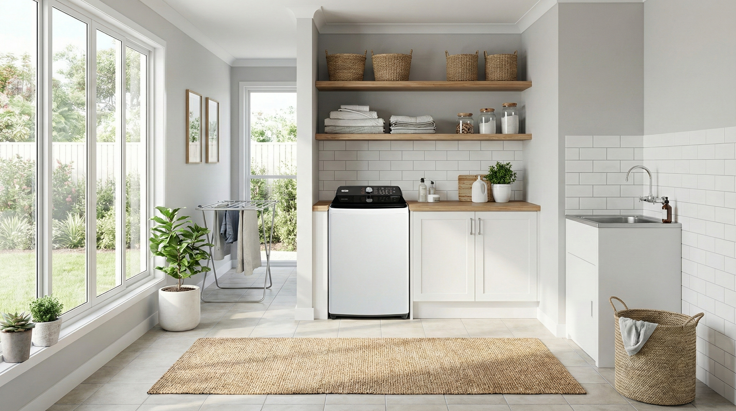 A laundry room with a large window showing a garden outside. The room has open shelves with baskets, folded towels, jars, and kitchenware. A washing machine is under the shelves. To the right is a sink with a faucet and a basket nearby. There are potted plants on the windowsill and a doormat on the tiled floor.