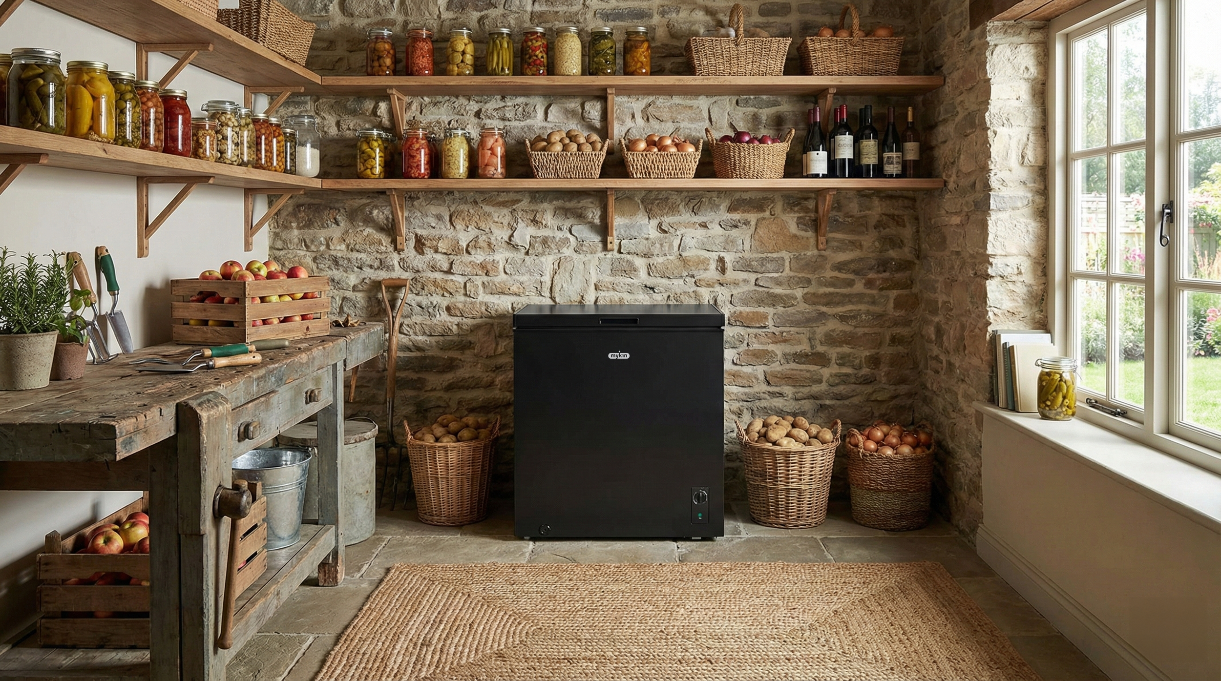 A rustic kitchen pantry with stone walls, wooden shelves filled with jars of preserved foods and bottles of wine, baskets of potatoes and onions, an old wooden workbench with gardening tools and potted herbs, and a window with a jar of pickles on the sill.