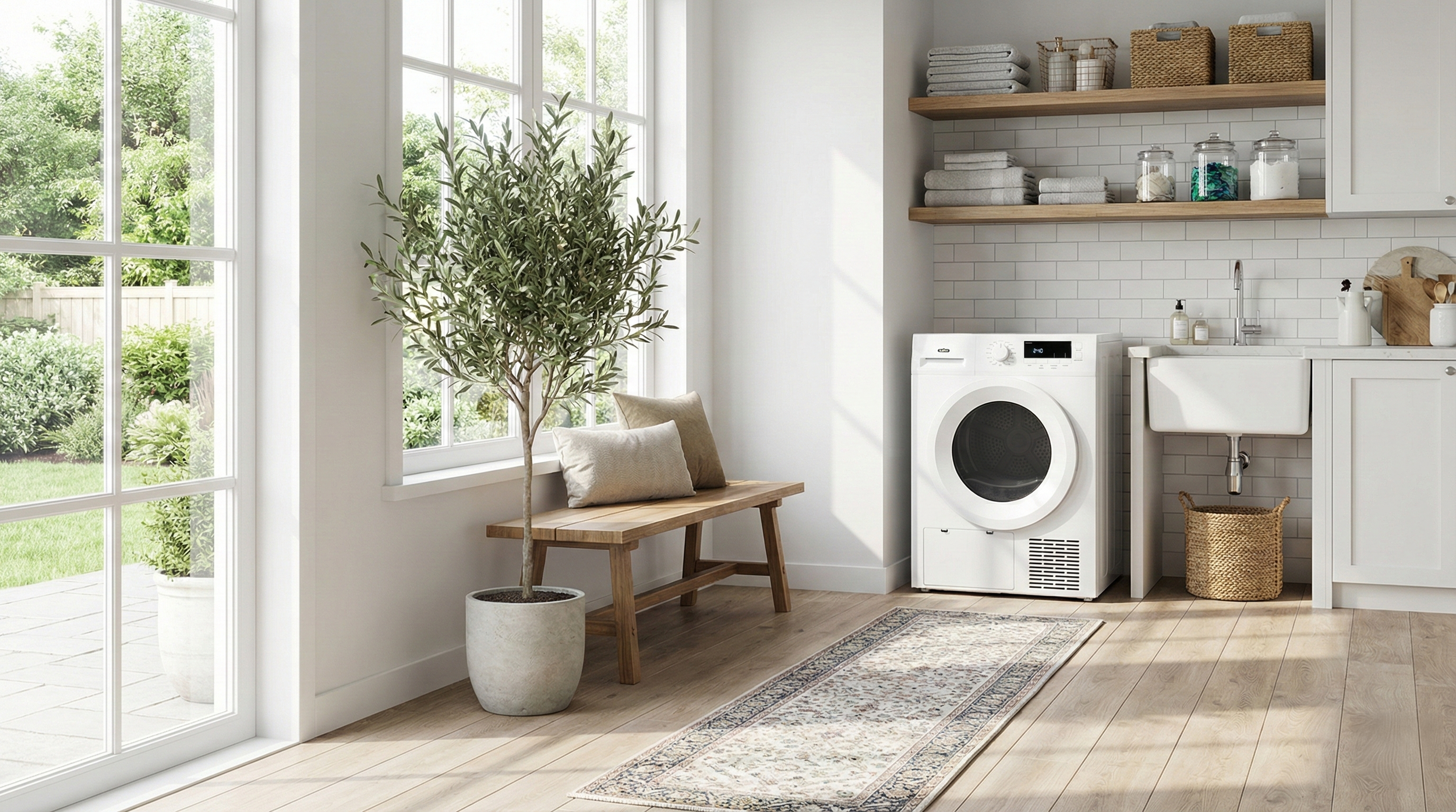 A laundry room with a large window, a potted plant, a wooden bench with pillows, a washing machine, white cabinets, open shelves with towels and jars, a small sink, and a woven basket on the floor.