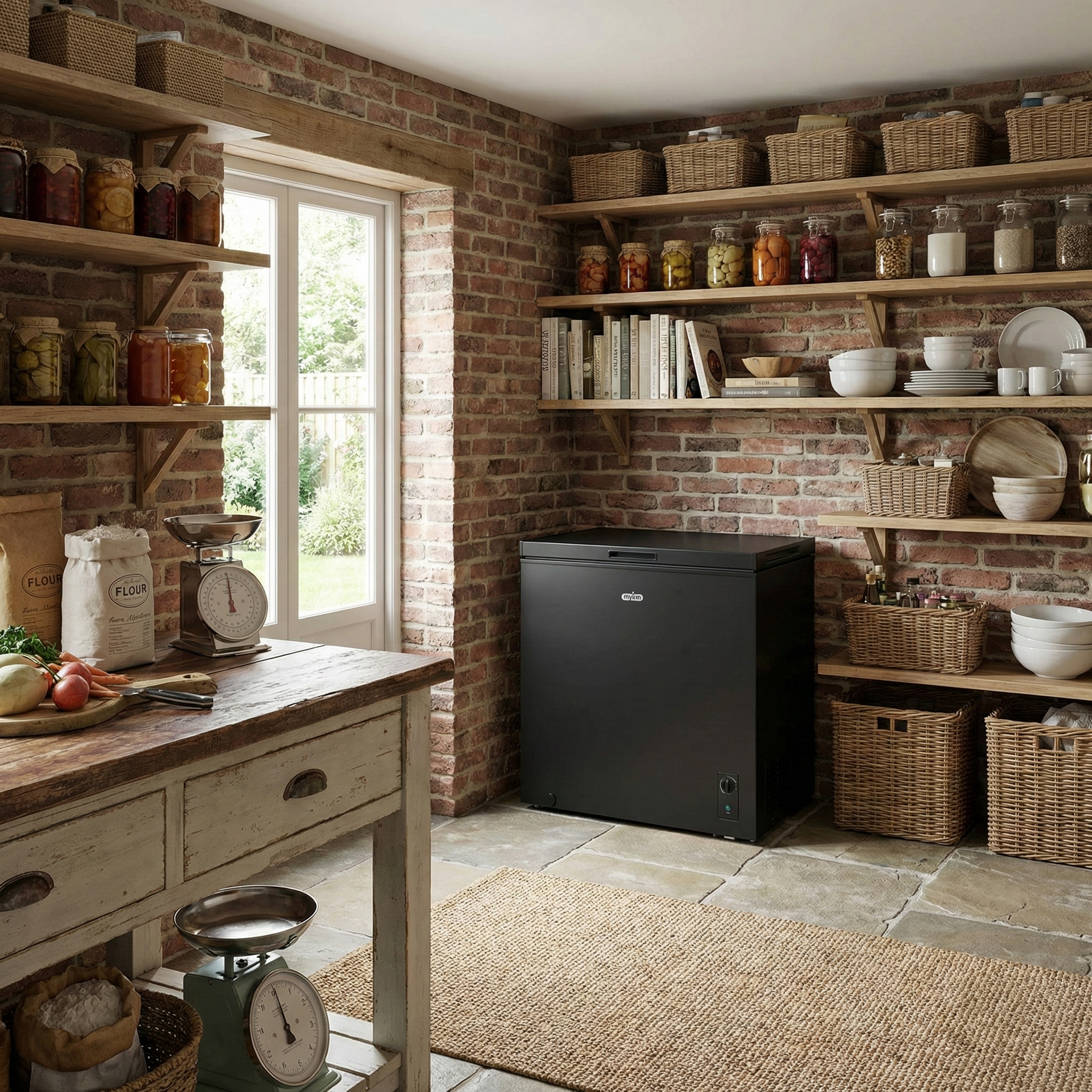 A rustic kitchen corner with brick walls, wooden shelves holding jars of preserved fruits and dry goods, white dishes, and a black freezer. A wooden table with kitchen tools, a scale, and vegetables is nearby, along with a beige rug on stone flooring.