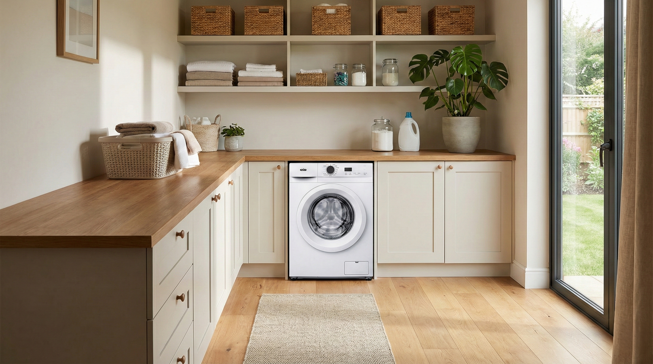 A laundry room with white cabinets, a wooden countertop, open shelves with baskets and towels, a washing machine, a potted plant, jars with laundry supplies, and a sliding glass door showing an outdoor garden.