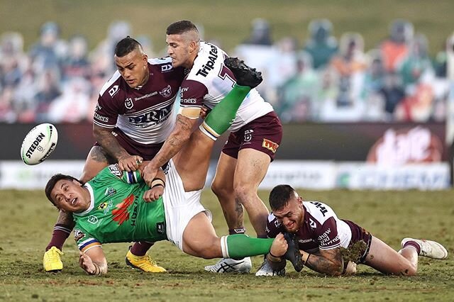 Papa Pass :: Josh Papalii of the Raiders is tackled during the round six NRL match between the Canberra Raiders and the Manly Sea Eagles at Campbelltown Stadium on June 21, 2020 in Sydney, Australia. @gettysport #gettysport #nrl @raiderscanberra #1Dx