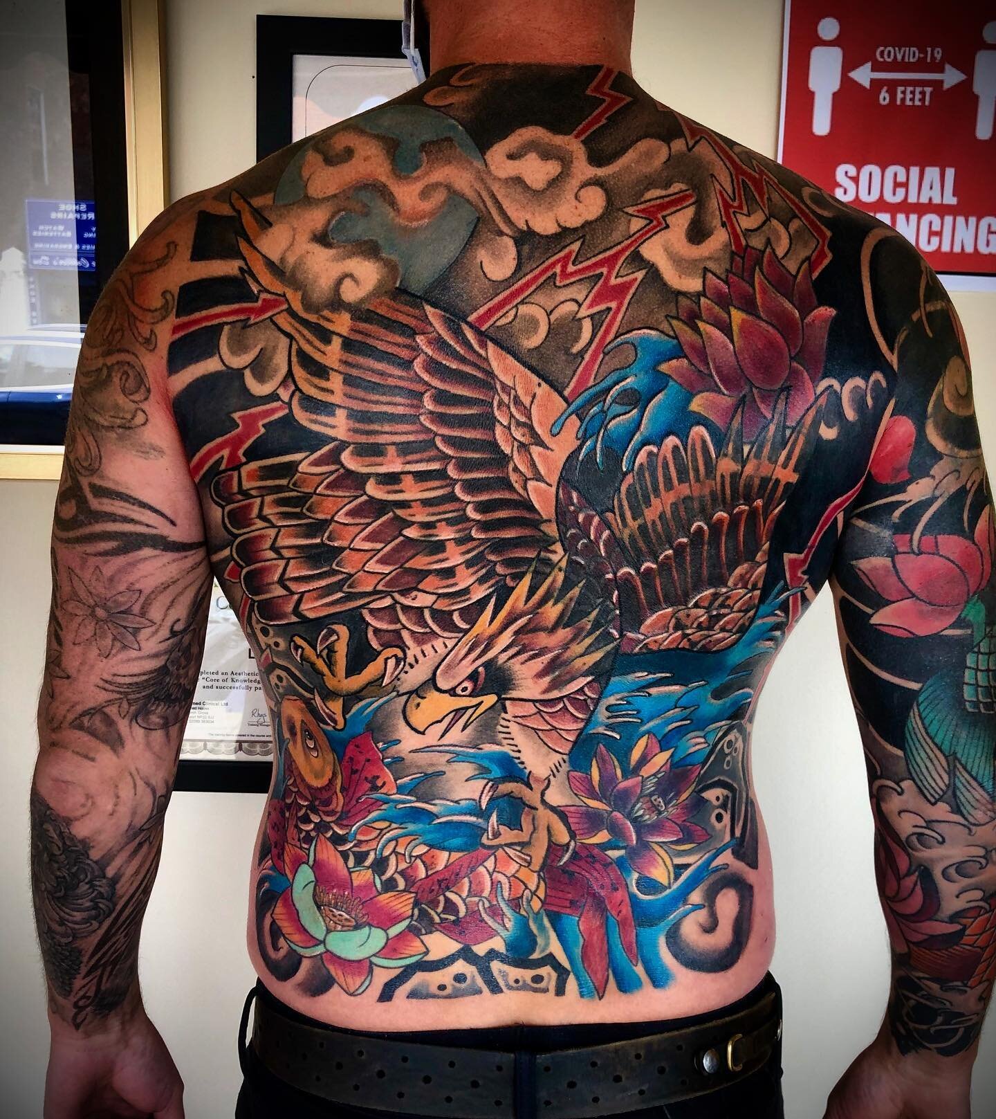 Got to finally finish this epic cover up on Matt&rsquo;s back this week. Please check out his awesome mosaic artwork at @leakymosaics #japanesetattooing #japanesetattooart #tattoocoverups #tattoos #koifishtattoo #eagletattoo #backpiece #japanesetatto