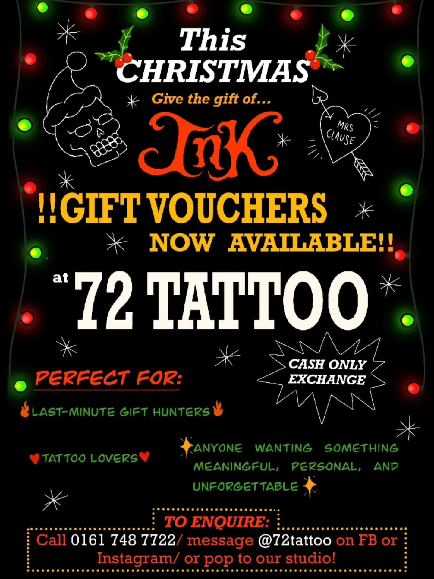 Running out of christmas gift ideas? Don't worry--we've got you! 🙏

Get a loved one a tattoo voucher from our studio @72tattoo 🎄 perfect for tattoo lovers and for those wanting something meaningful, personal and unforgetable ⭐️❤️ 

Come to our stud