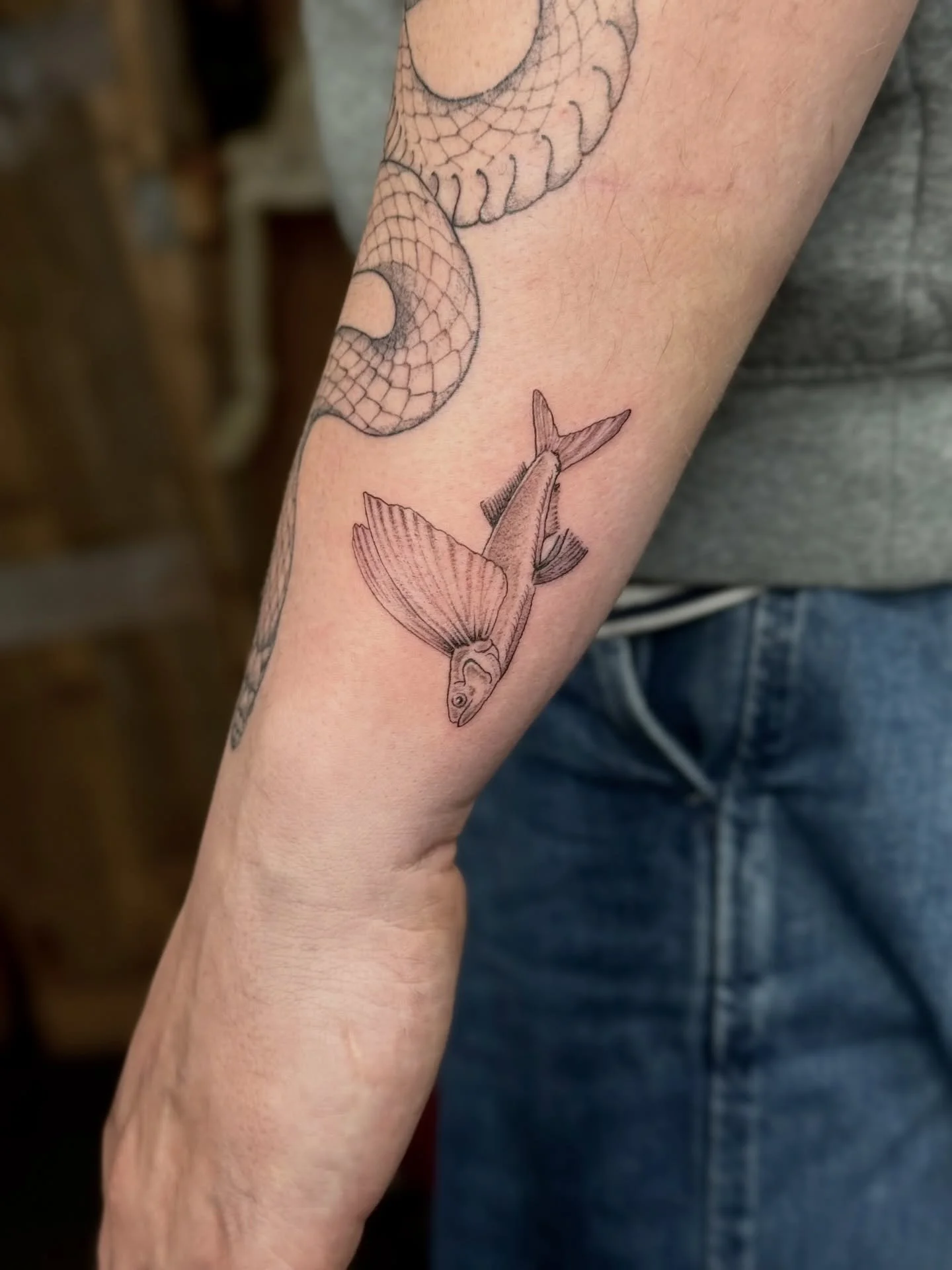 Flying fish for Phil! 
Thanks dude!! 

Go also check out Phil&rsquo;s ramen restaurant in Manchester if you&rsquo;re after top notch scran!! @new_wave_ramen 

#manchestertattoo #tattoo #finelinetattoo #blackandgreytattoo #urmston