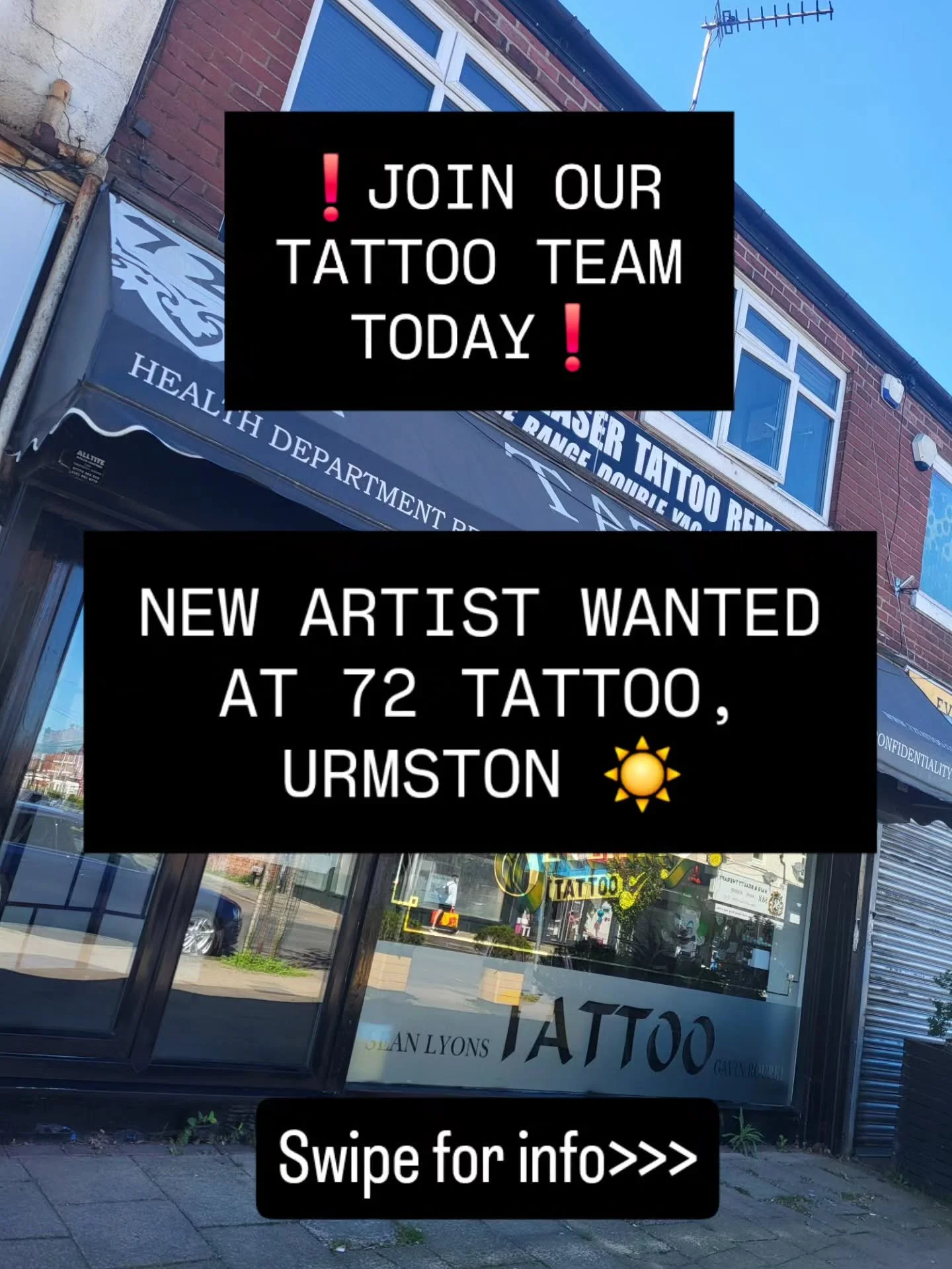 72 needs YOU 🫡💫

We are looking for an enthusiastic artist to join our Tattoo studio here in Urmston 💥

Our popular highstreet studio is 22 years established, and situated next to Urmston Station, lending convinient travel from the city centre 🔥
