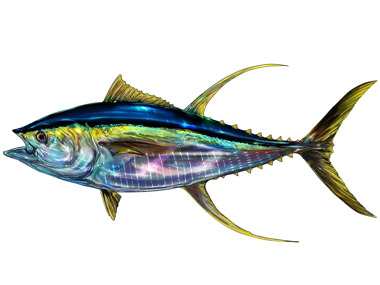 Digital artwork of a fish with a vibrant, iridescent blue, green, and purple body, featuring sharp fins and a sleek, streamlined shape.