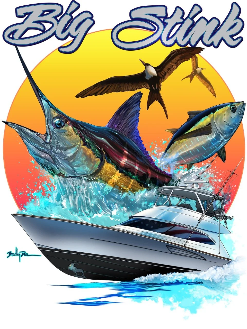 Illustration of a boat with large fish jumping out of the water, a flying bird, and a sunset in the background, with the words 'Big Stink' at the top.