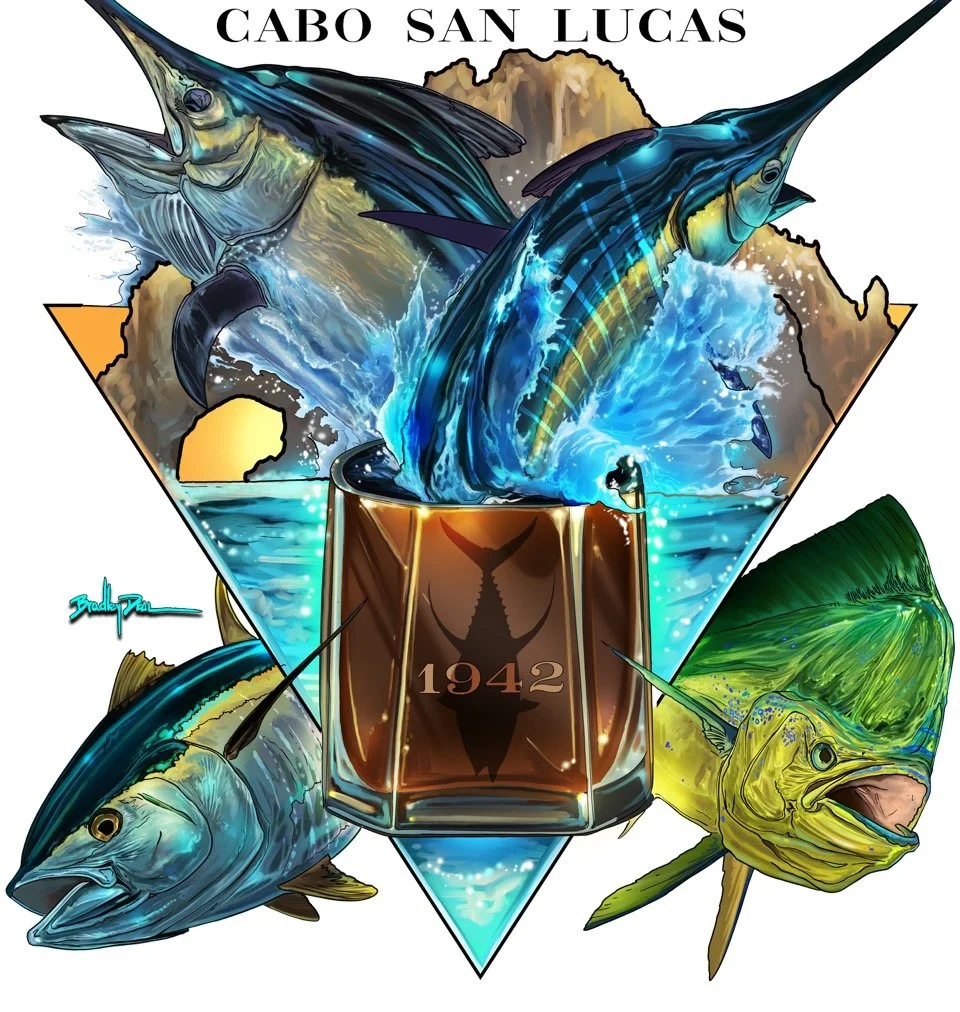 Illustration of a diving helmet with a marlin, tuna, and grouper fish jumping out of water, with scenic background and the text 'Cabo San Lucas' at the top.