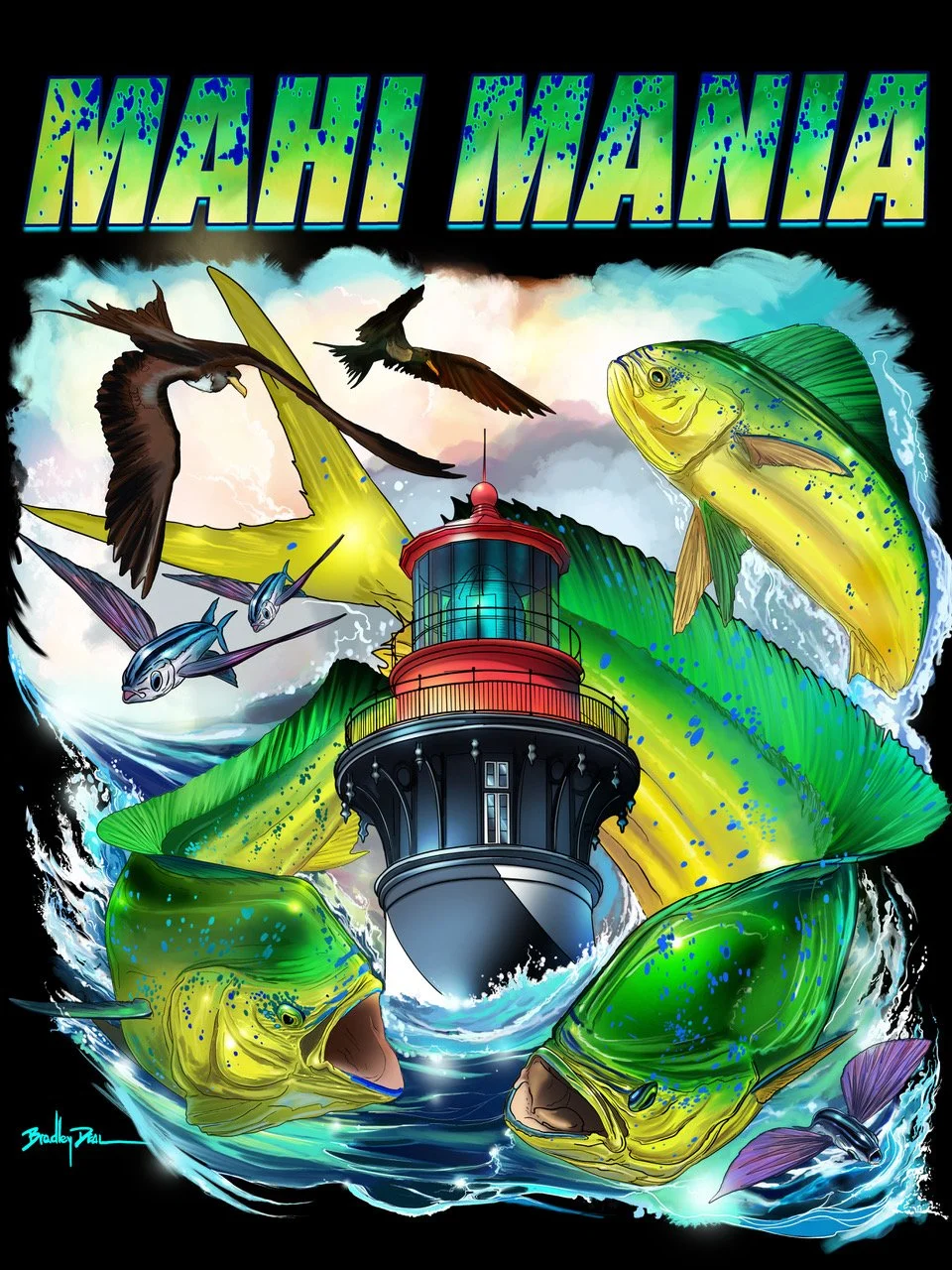 Colorful illustration of a lighthouse surrounded by large fish, flying birds, and ocean waves with the text 'Mani Mania' at the top.
