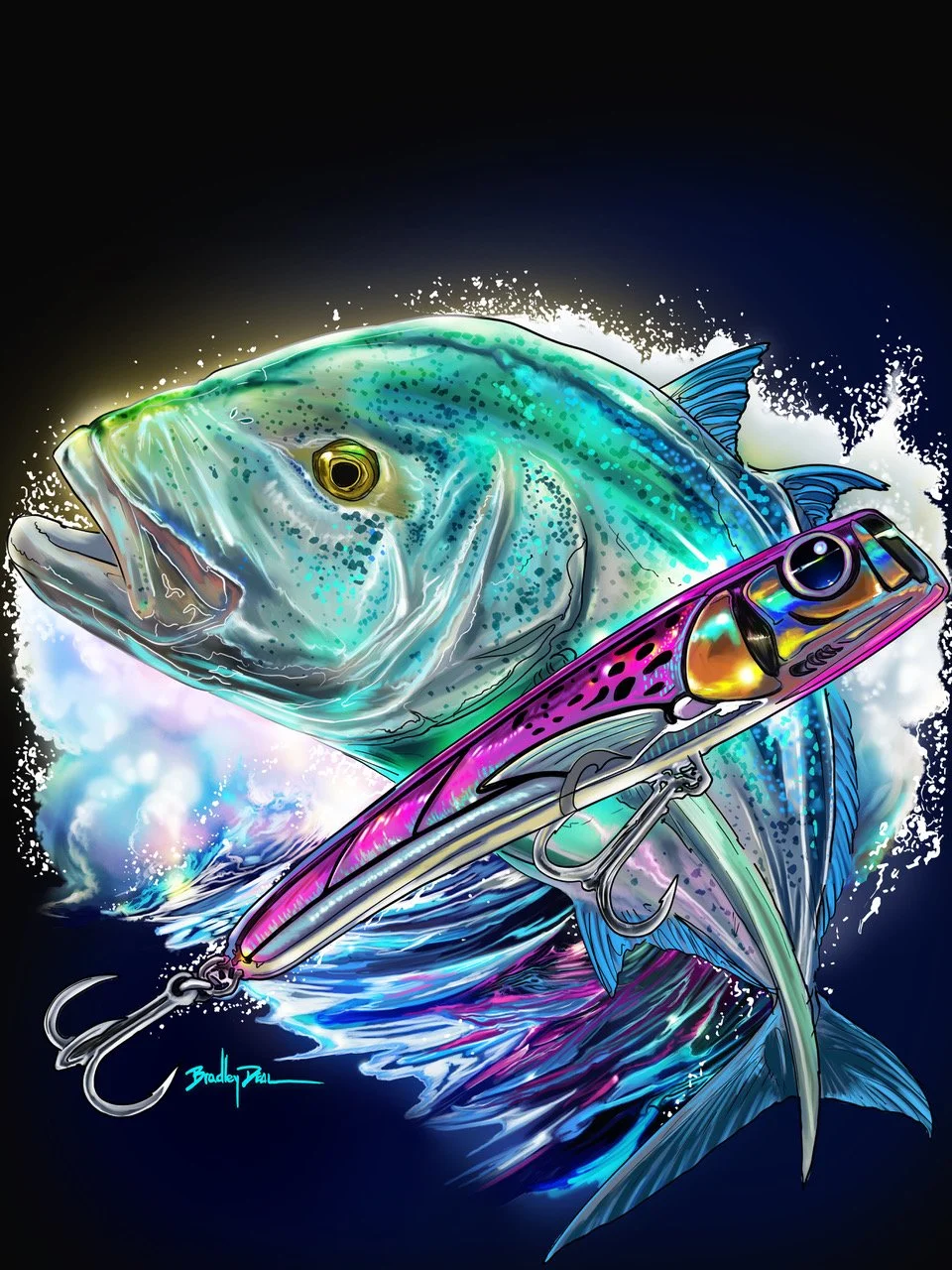 A colorful illustration of a fish with a lure in its mouth, set against a dark background with splashes of water.