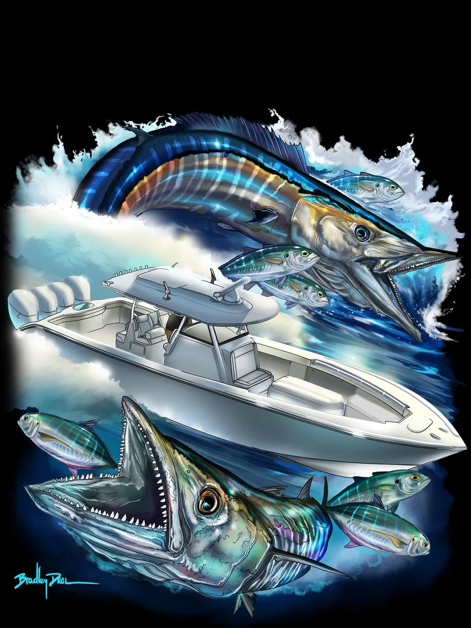 Illustration of large marlin and marlin fish surrounding a speedboat with fishing equipment, depicted with vibrant colors and dynamic water splashes.
