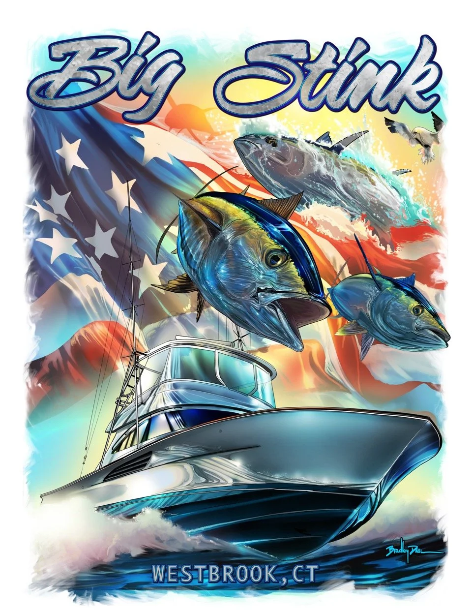 A colorful illustration of a fishing boat on the water with large fish jumping beside it, American flags in the background, and the text 'Big Sink' at the top and 'Westbrook, CT' at the bottom.