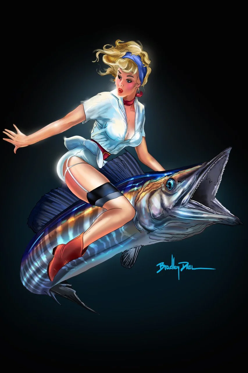 A cartoon woman in vintage pin-up style riding a large fish with an open mouth, set against a dark background.
